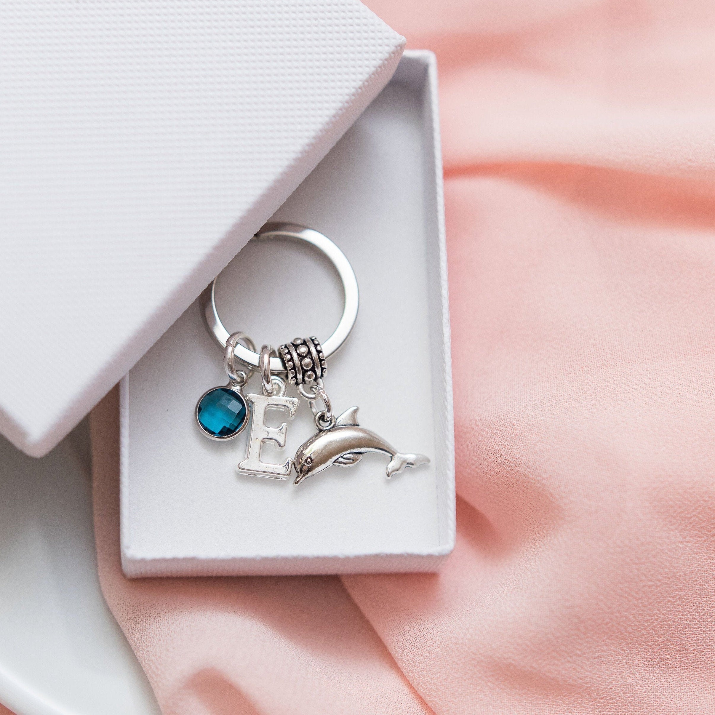 Dolphin keyring, ocean lover gift, sea animal keychain, personalised gifts, birthstone initial, beach fans