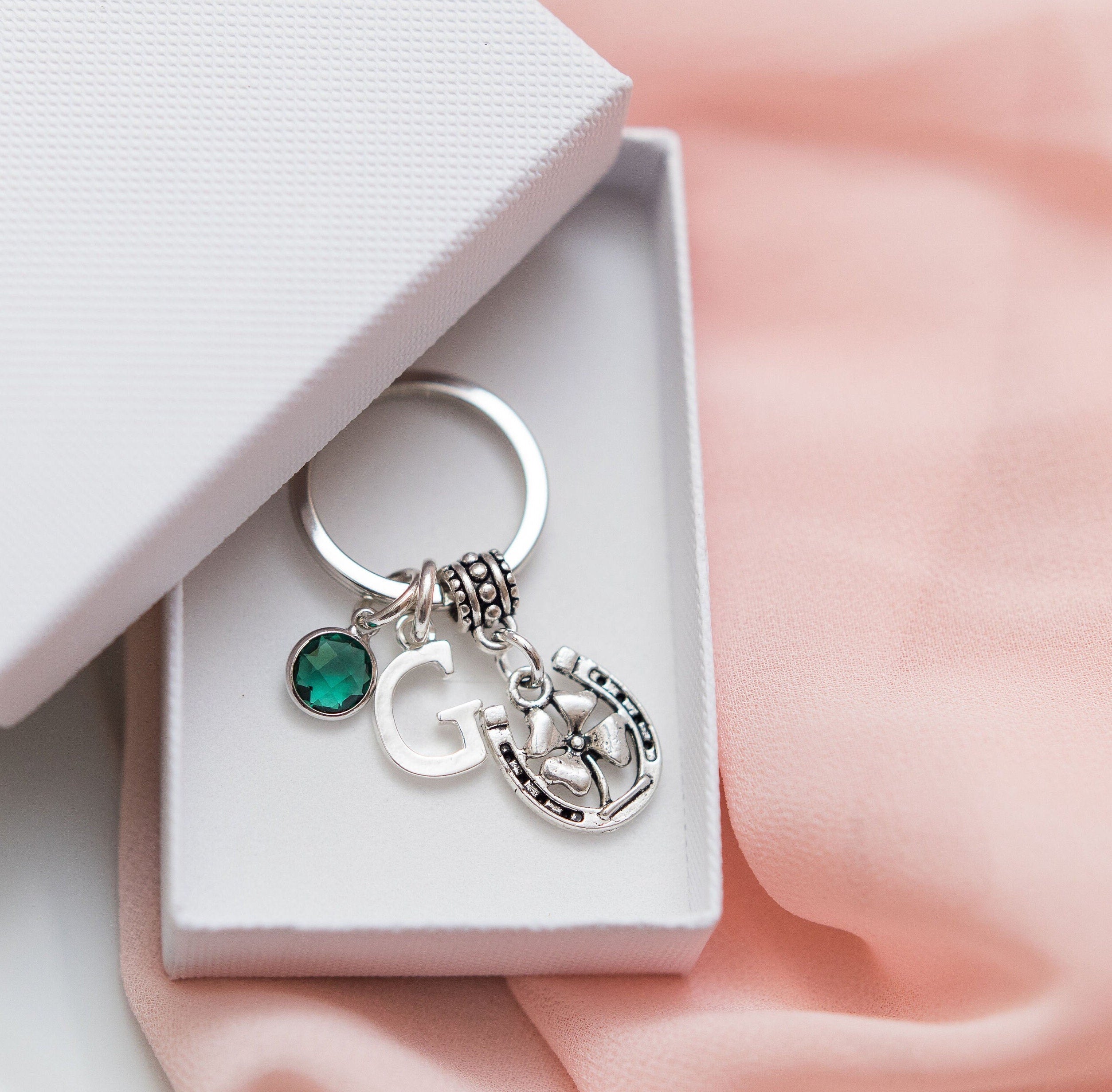 Horse shoe keychain, four leaf clover keychain,  personalised gifts, graduation, good luck gift, lucky keepsake, new job, retirement