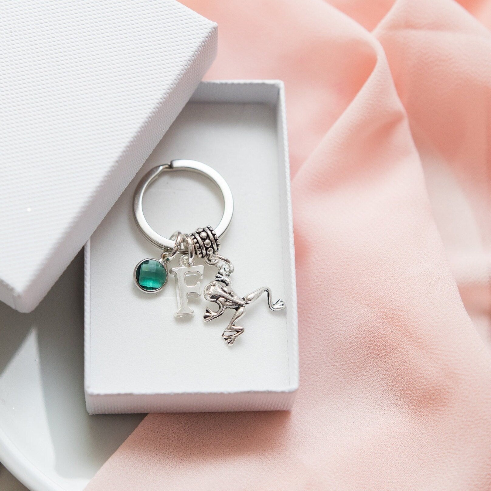 Frog keyring, personalised gifts, birthstone and initial charms, animal keychain, frog gift