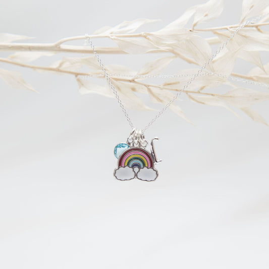 Rainbow Charm Necklace: Enamel Pendant, Birthstone Letter, Personalised Jewellery