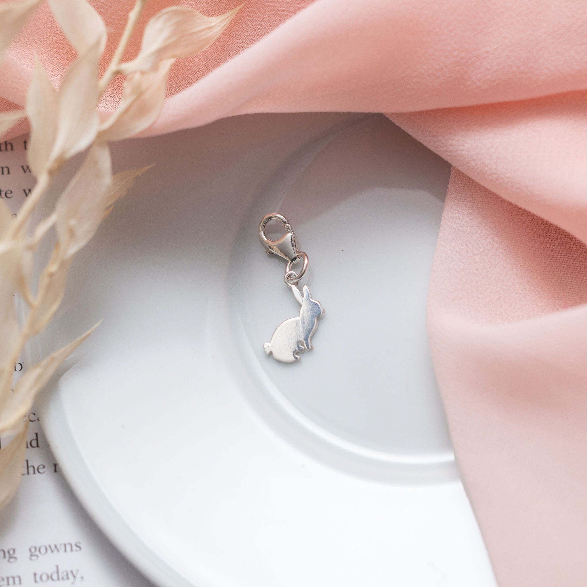 Silver rabbit charm, 925 sterling silver, clip on charms for bracelet, lobster clasp pendant, bunny gifts, animal jewellery, Easter basket