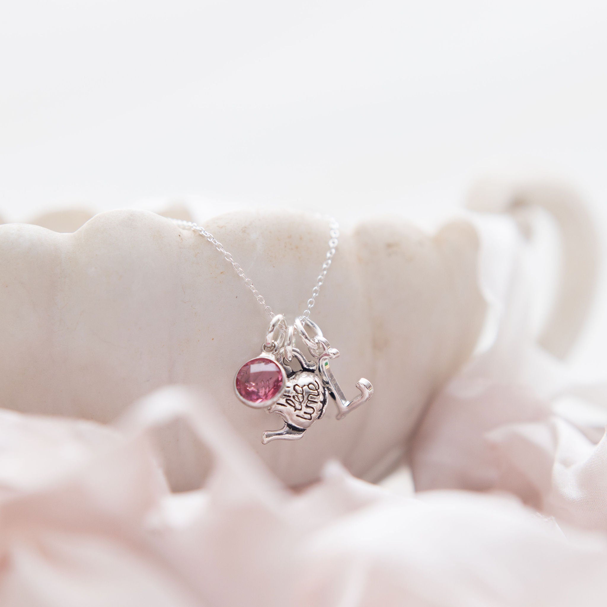 Teapot necklace, personalised gifts, tea drinker gift, birthstone and initial, women's jewellery, for Mum Grandma Nana, tea party favours