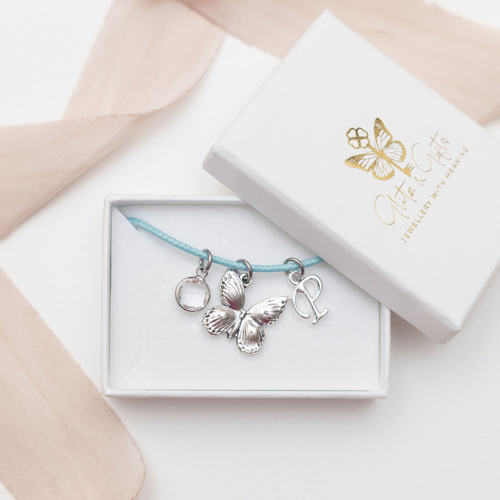 Butterfly bracelet, waxed cord slide charm bracelet, personalised gifts, birthstone birthday gift, insect jewellery, butterflies pendant