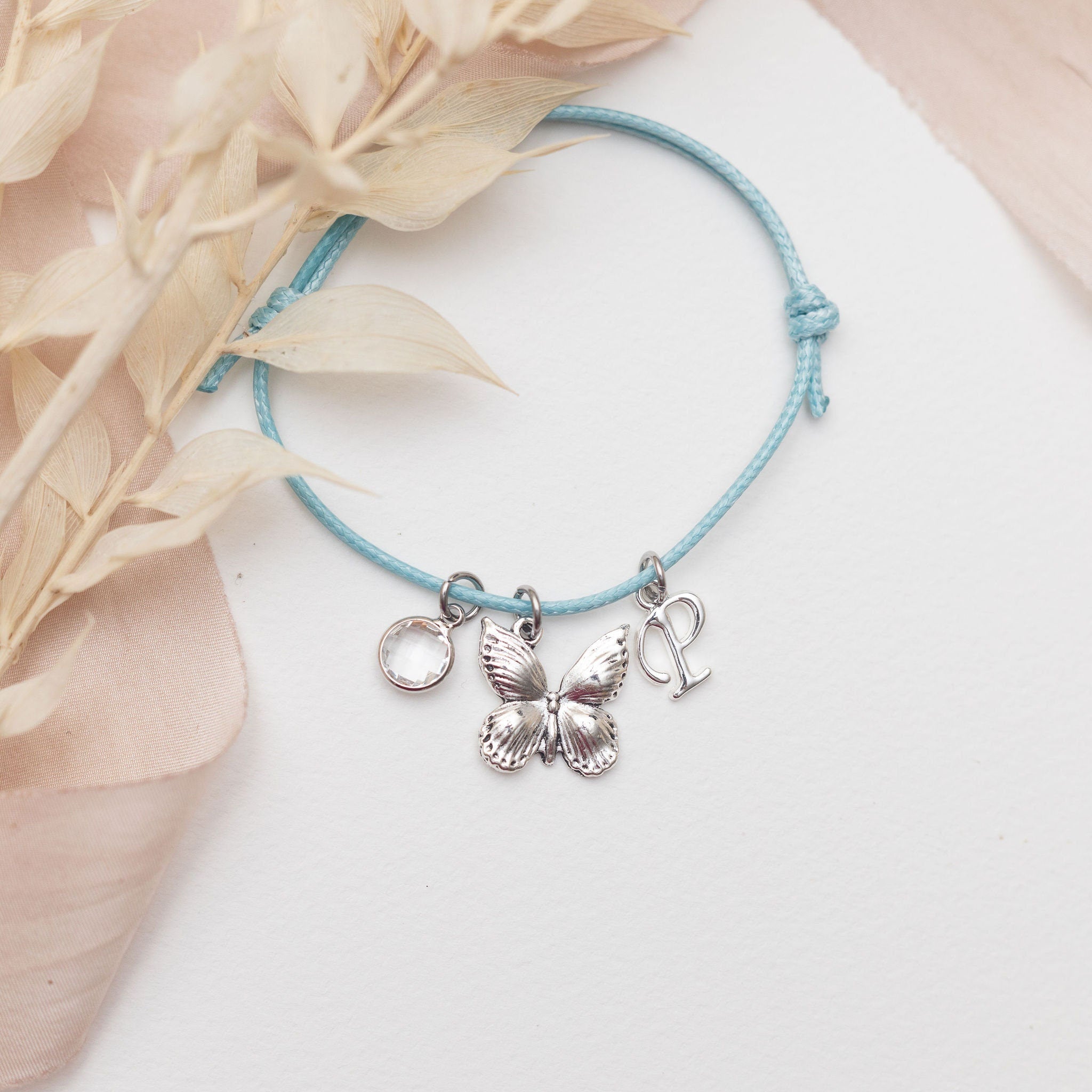 Butterfly bracelet, waxed cord slide charm bracelet, personalised gifts, birthstone birthday gift, insect jewellery, butterflies pendant