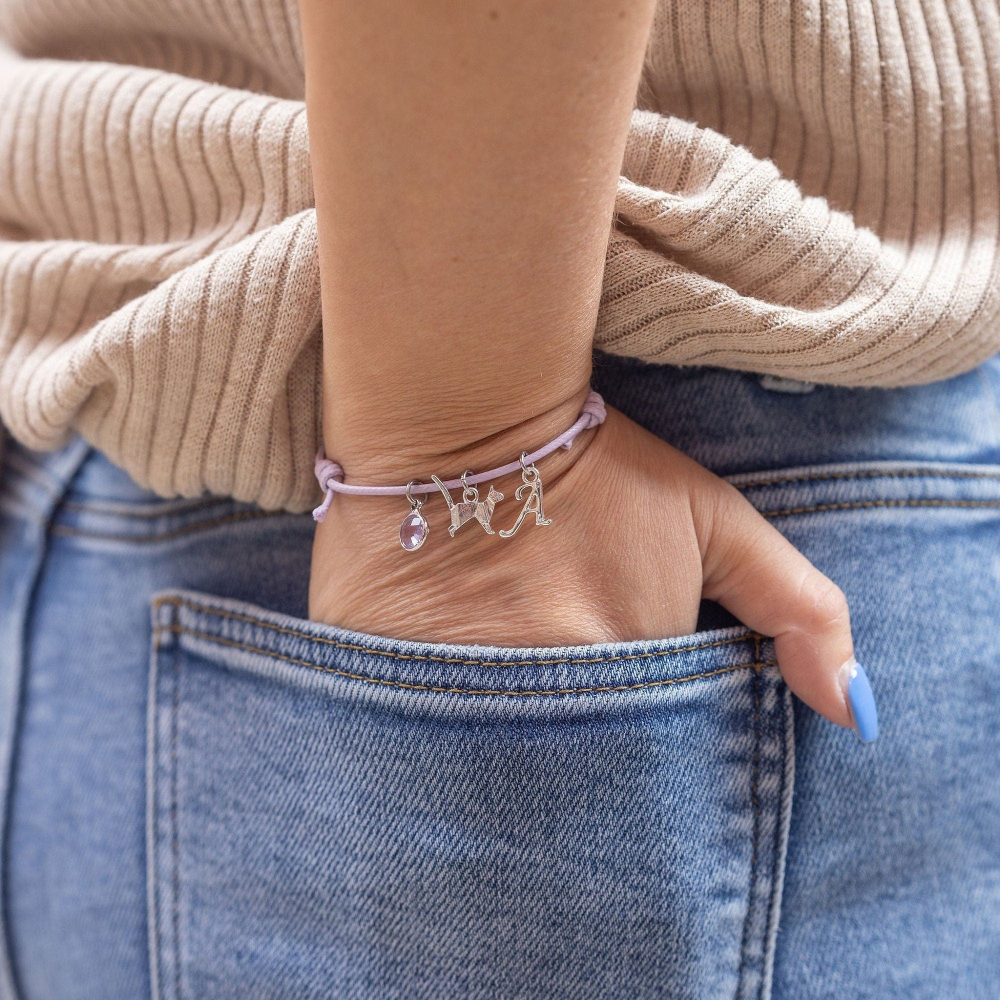 Origami cat bracelet, waxed cord slide charm bracelet, personalised gifts, birthstone birthday gift, kitten jewellery,