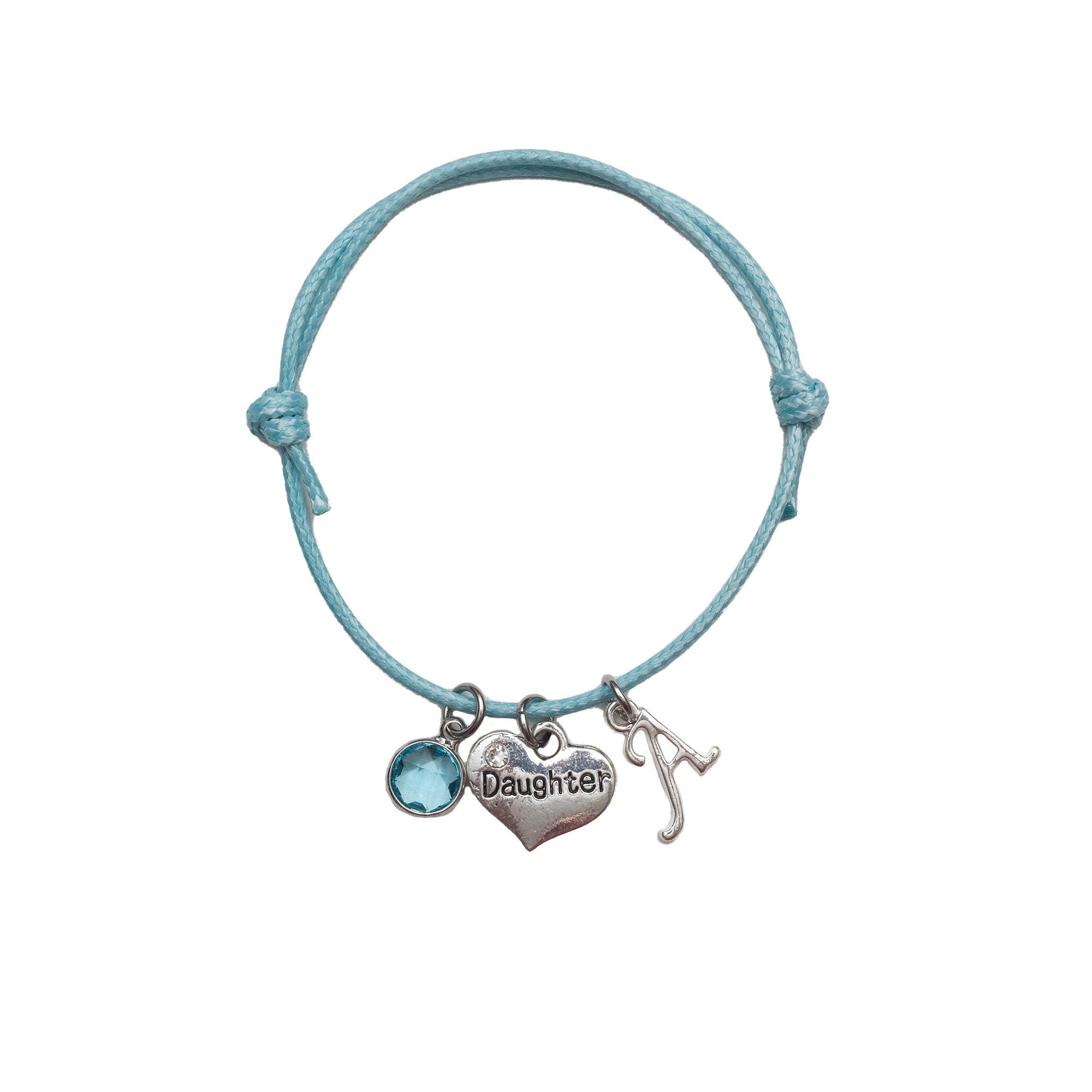 Daughter heart bracelet, waxed cord slide charm bracelet, personalised gifts, birthstone birthday gift, family love jewellery