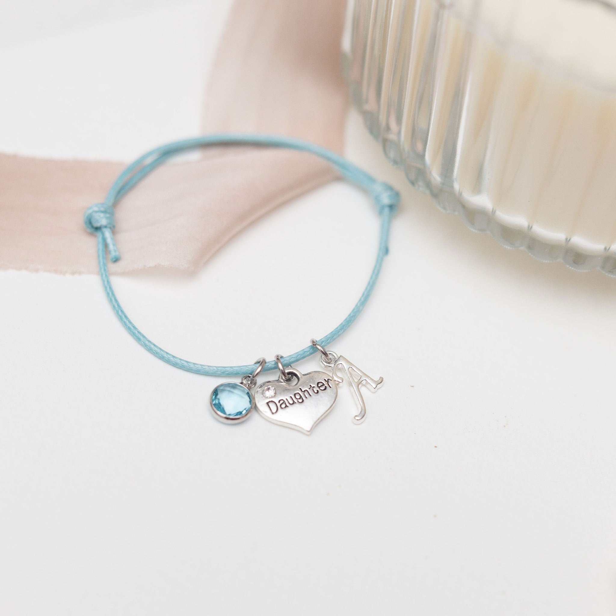 Daughter heart bracelet, waxed cord slide charm bracelet, personalised gifts, birthstone birthday gift, family love jewellery