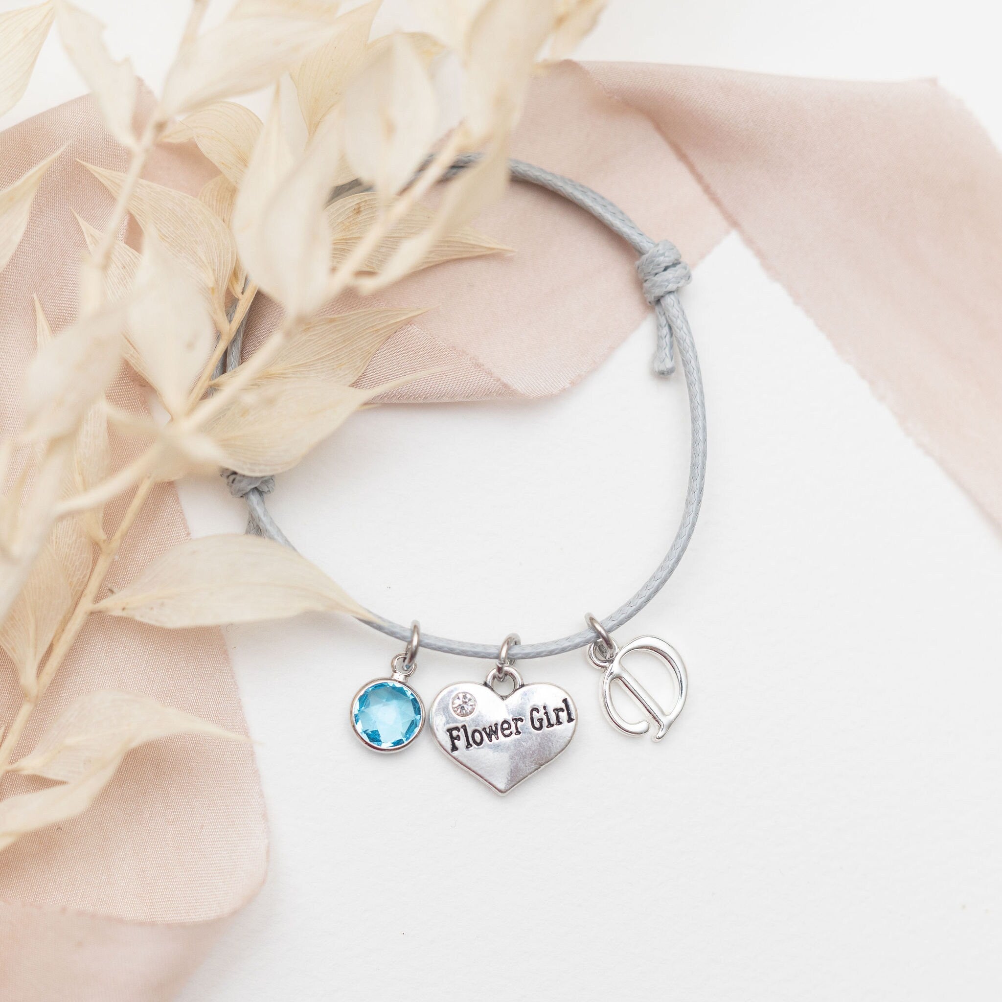 Flower girl heart bracelet, waxed cord adjustable, personalised gifts, custom wedding thank you, bridesmaid proposal, bridal party