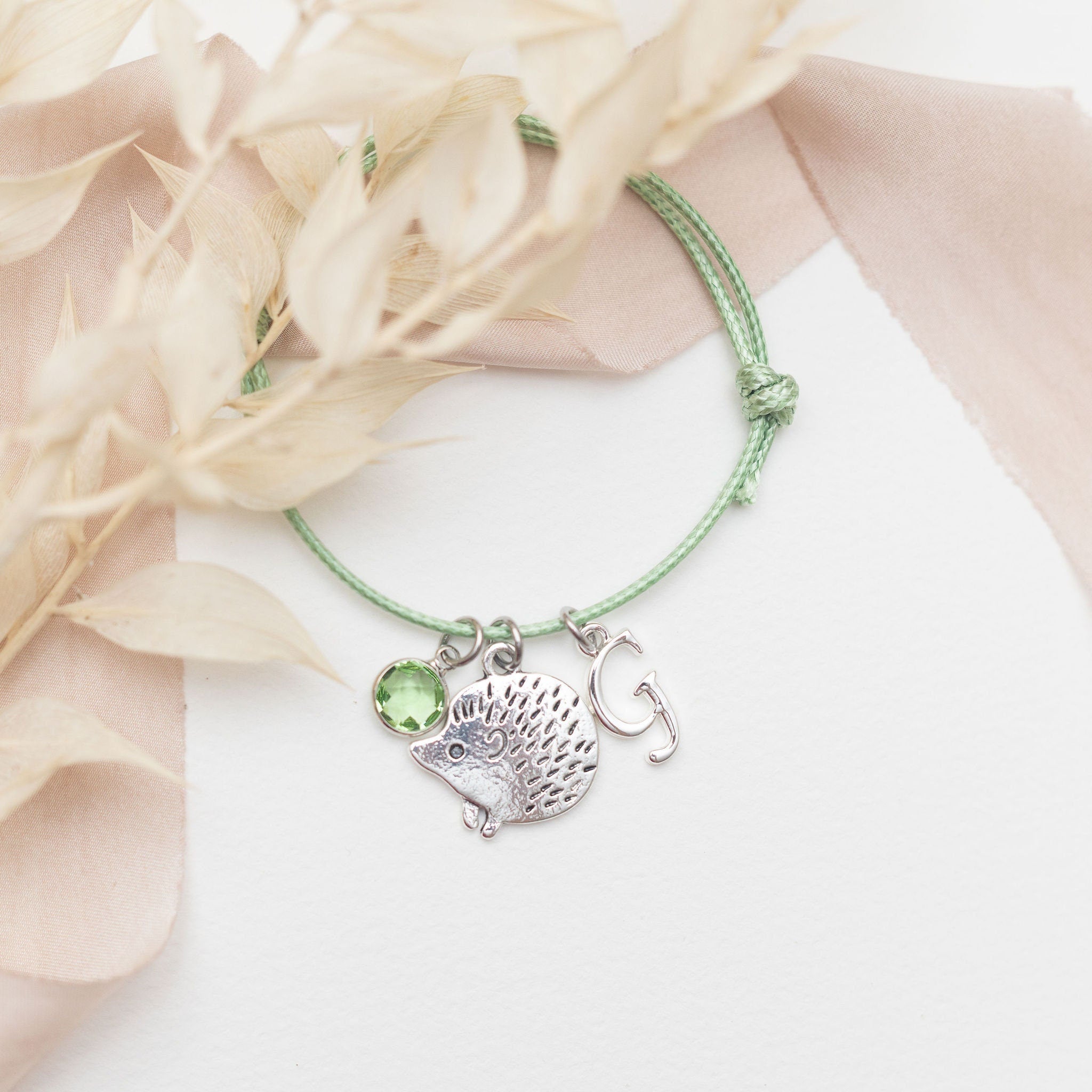 Hedgehog Charm Bracelet: Personalized Initial, Birthstone, Adjustable Cord