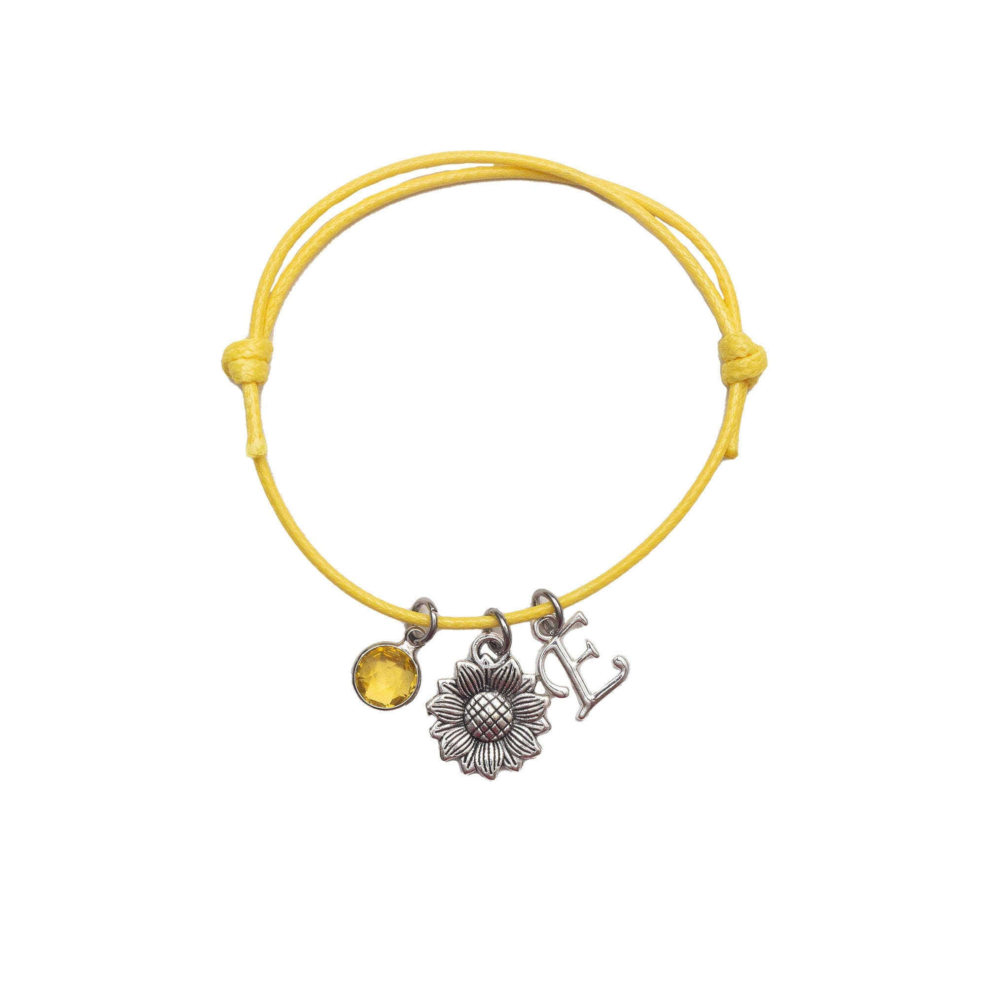 Personalised Sunflower Charm Bracelet: Waxed Cord, Initial & Birthstone