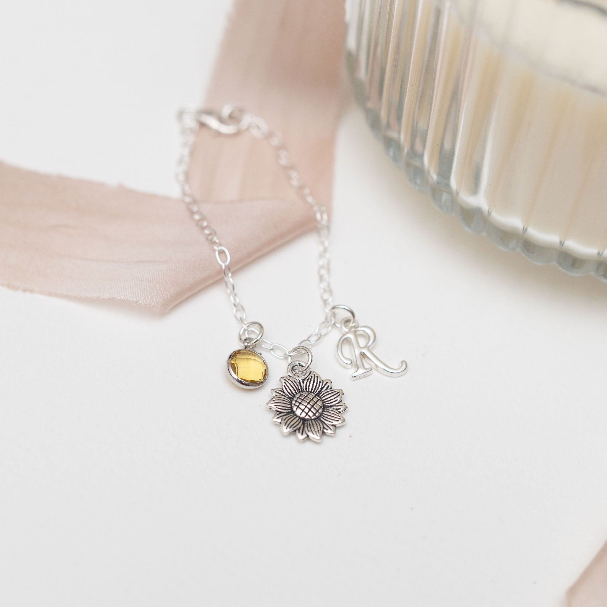 Sunflower bracelet, personalised gifts, flower jewellery, gift for gardener, friendship keepsake, floral charm accessory, birthstone initial