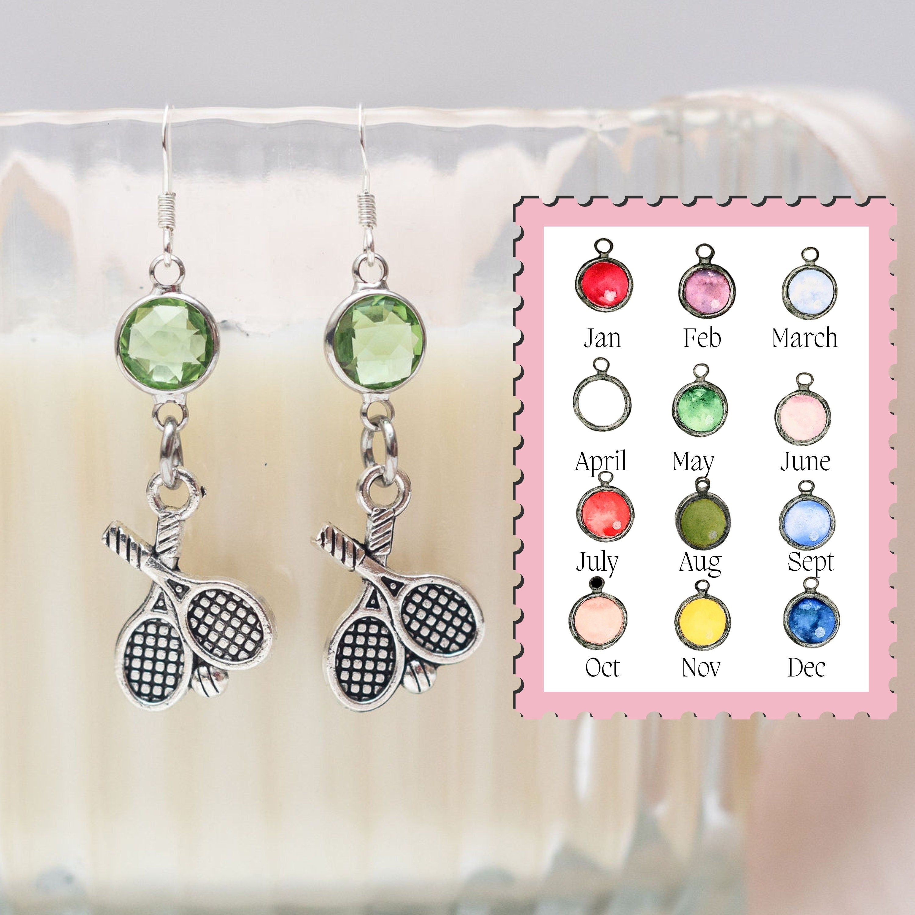 Tennis racket earrings, birthstone jewellery, personalised gifts, tennis theme gifts, sports gifts, coach teacher thank you, Wimbledon theme