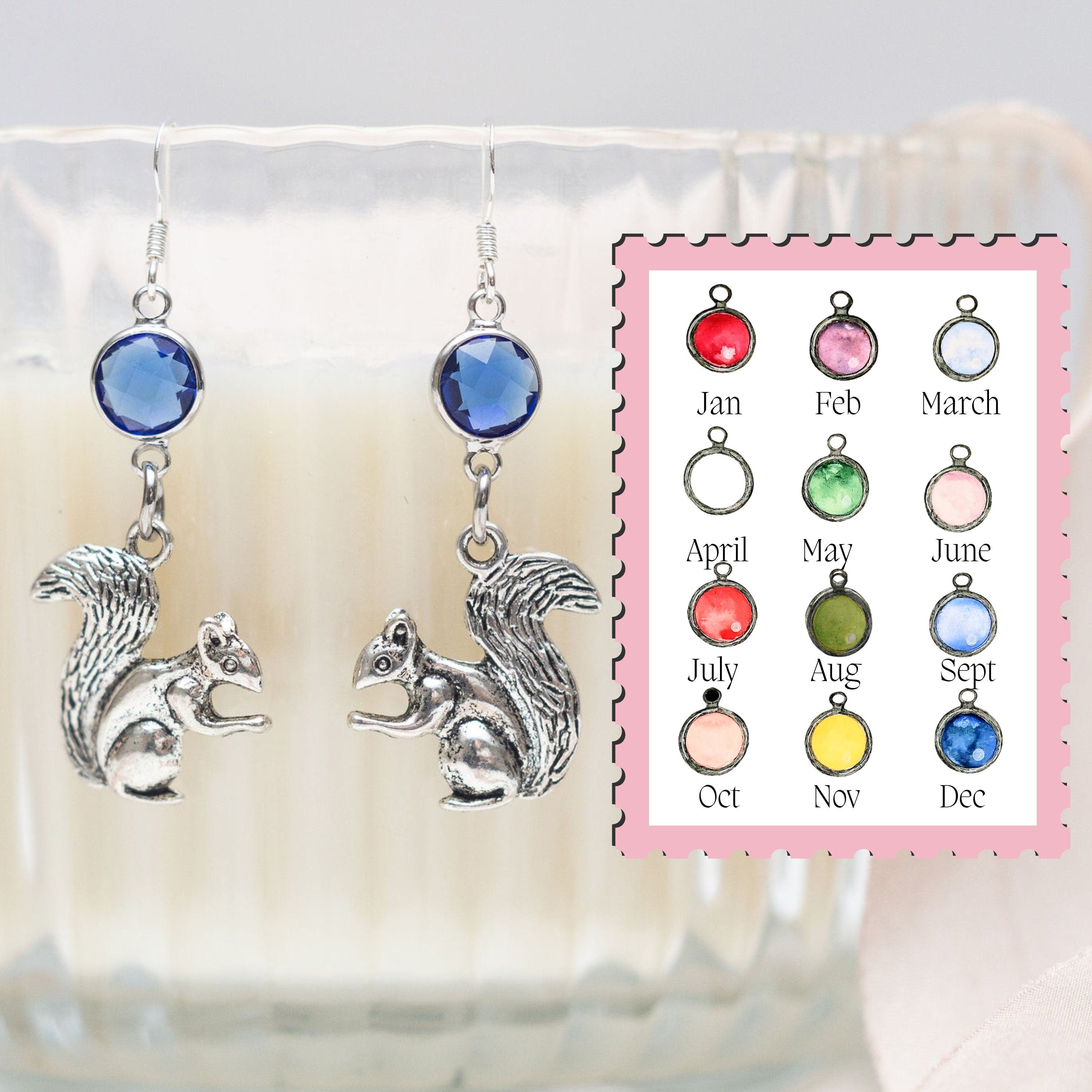 Squirrel earrings, birthstone jewellery, personalised gifts, woodland animals, nature accessory, squirrel theme gifts