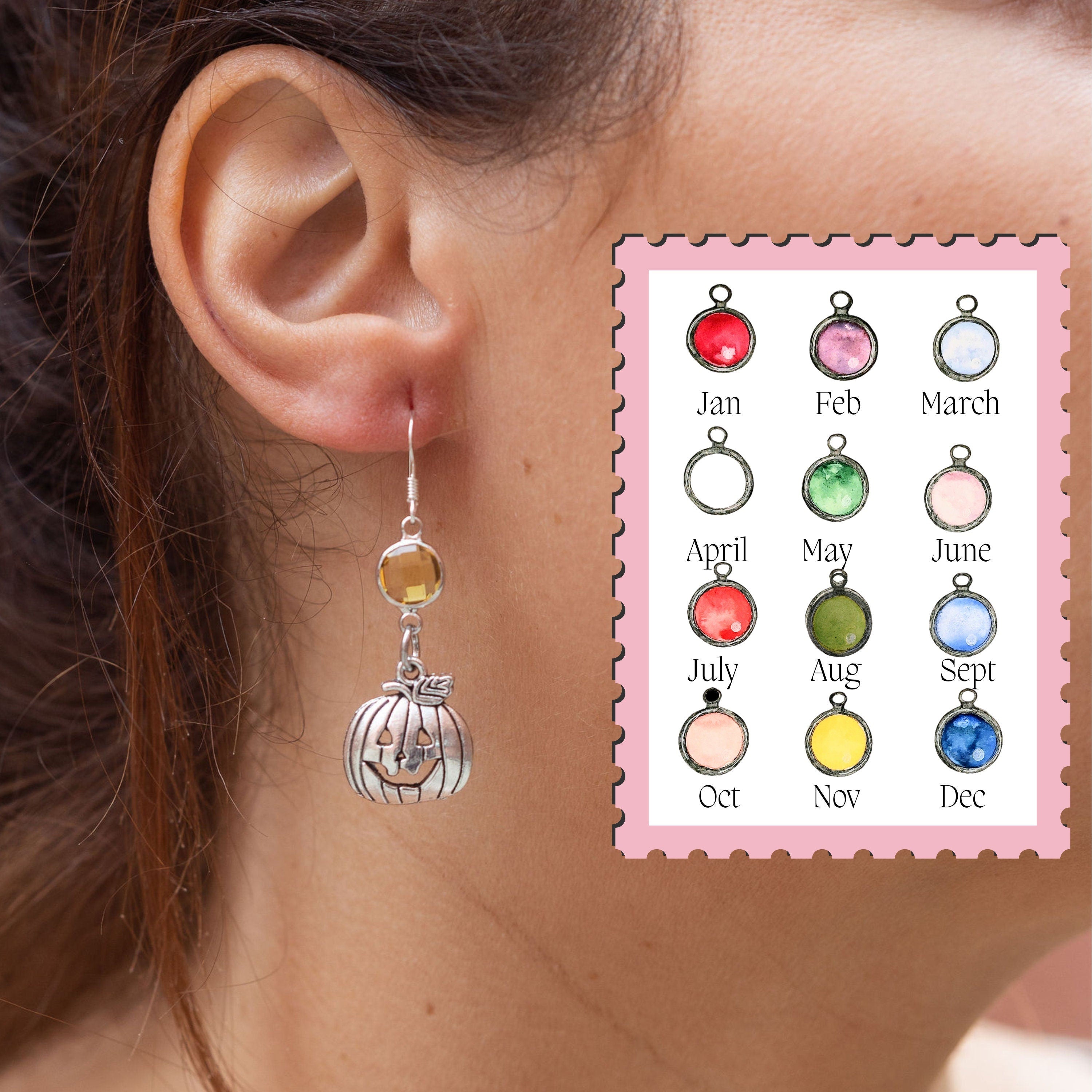 Pumpkin earrings, birthstone jewellery, personalised gifts, jack o' lantern, Halloween accessory, gothic style, custom October birthday