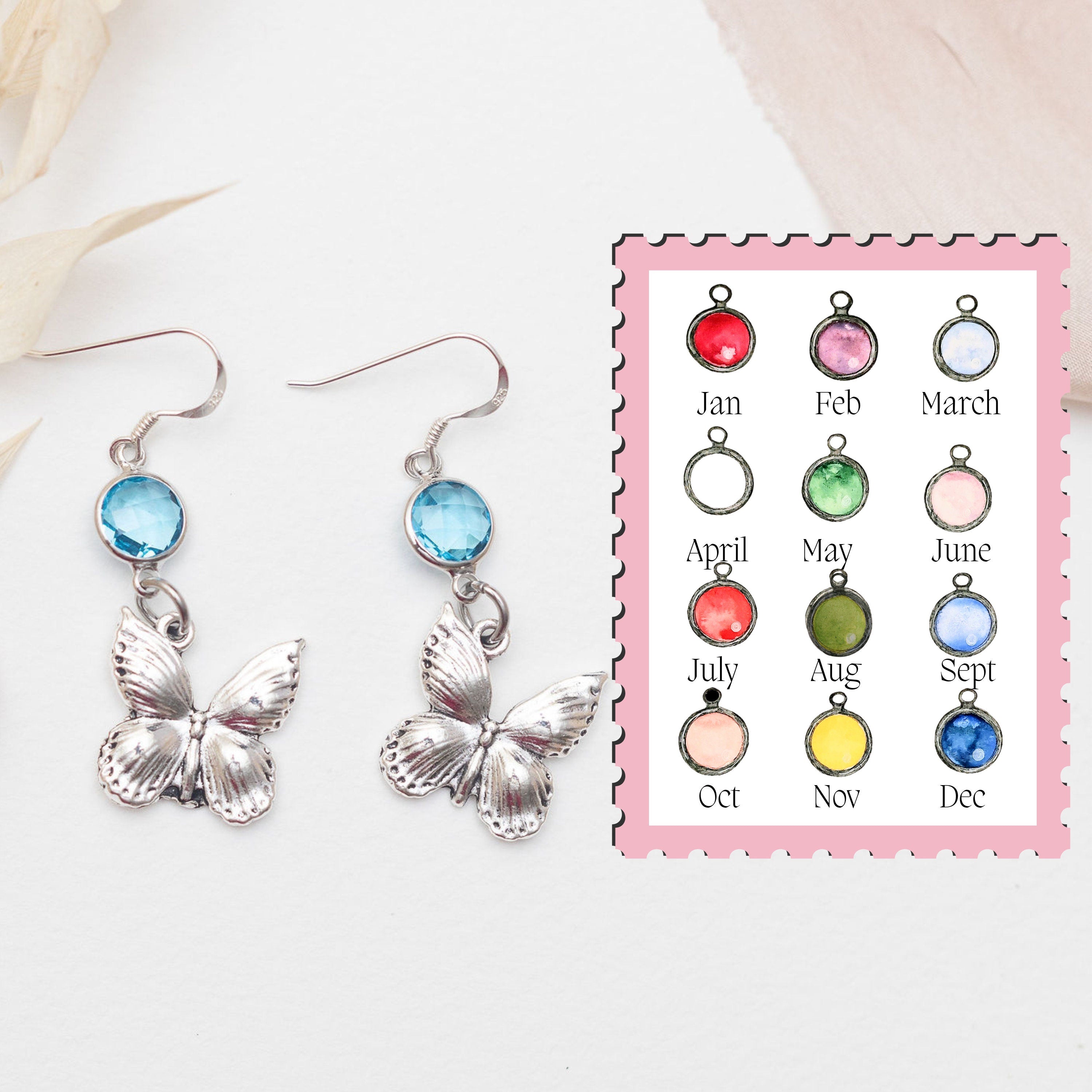 Butterfly earrings, birthstone jewellery, personalised gifts, birthday jewellery, insect theme gifts, wing accessory, butterflies' gifts