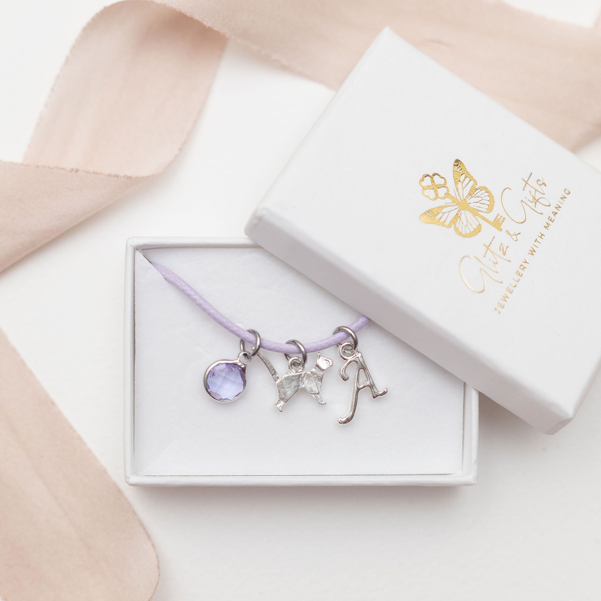 Origami cat bracelet, waxed cord slide charm bracelet, personalised gifts, birthstone birthday gift, kitten jewellery,