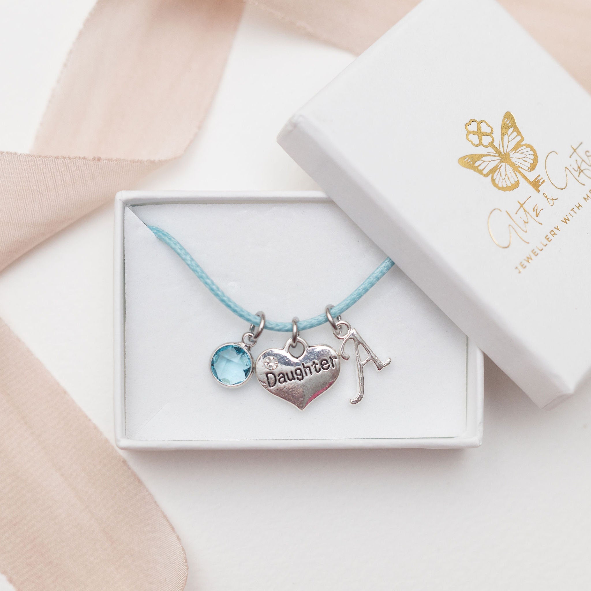 Daughter heart bracelet, waxed cord slide charm bracelet, personalised gifts, birthstone birthday gift, family love jewellery