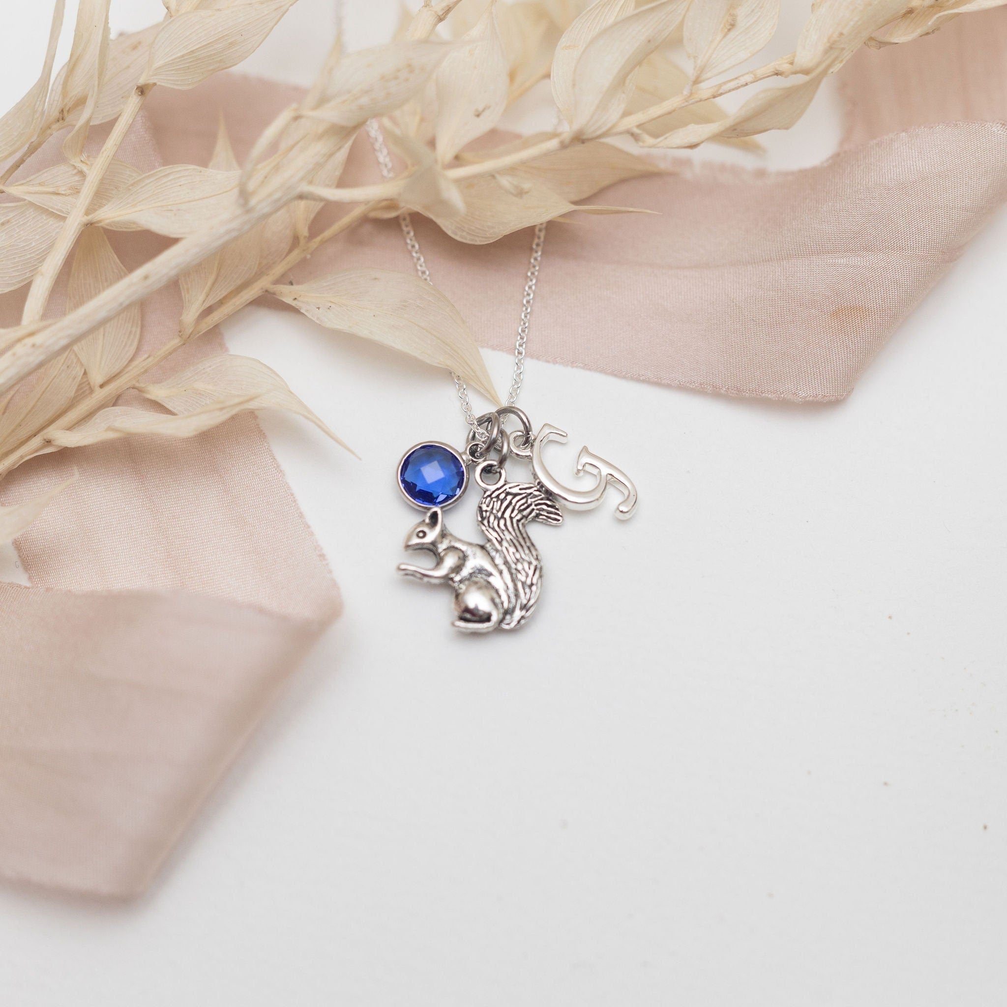 Squirrel necklace, personalised gifts, birthstone initial jewellery, Autumn animals, custom fall gifts, woodland walks, acorn gifts