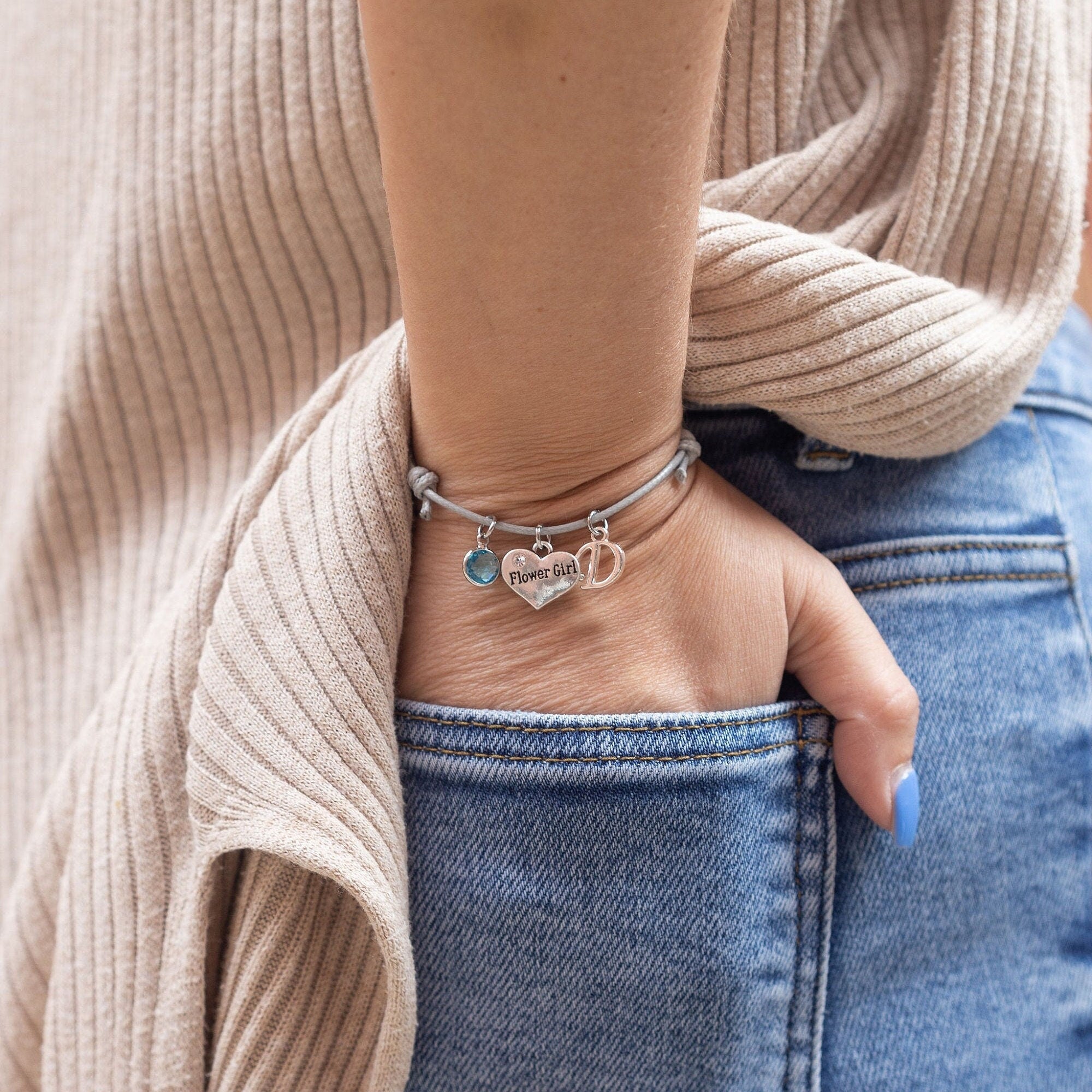 Personalised Flower Girl Bracelet: Heart Charm, Birthstone, Initial