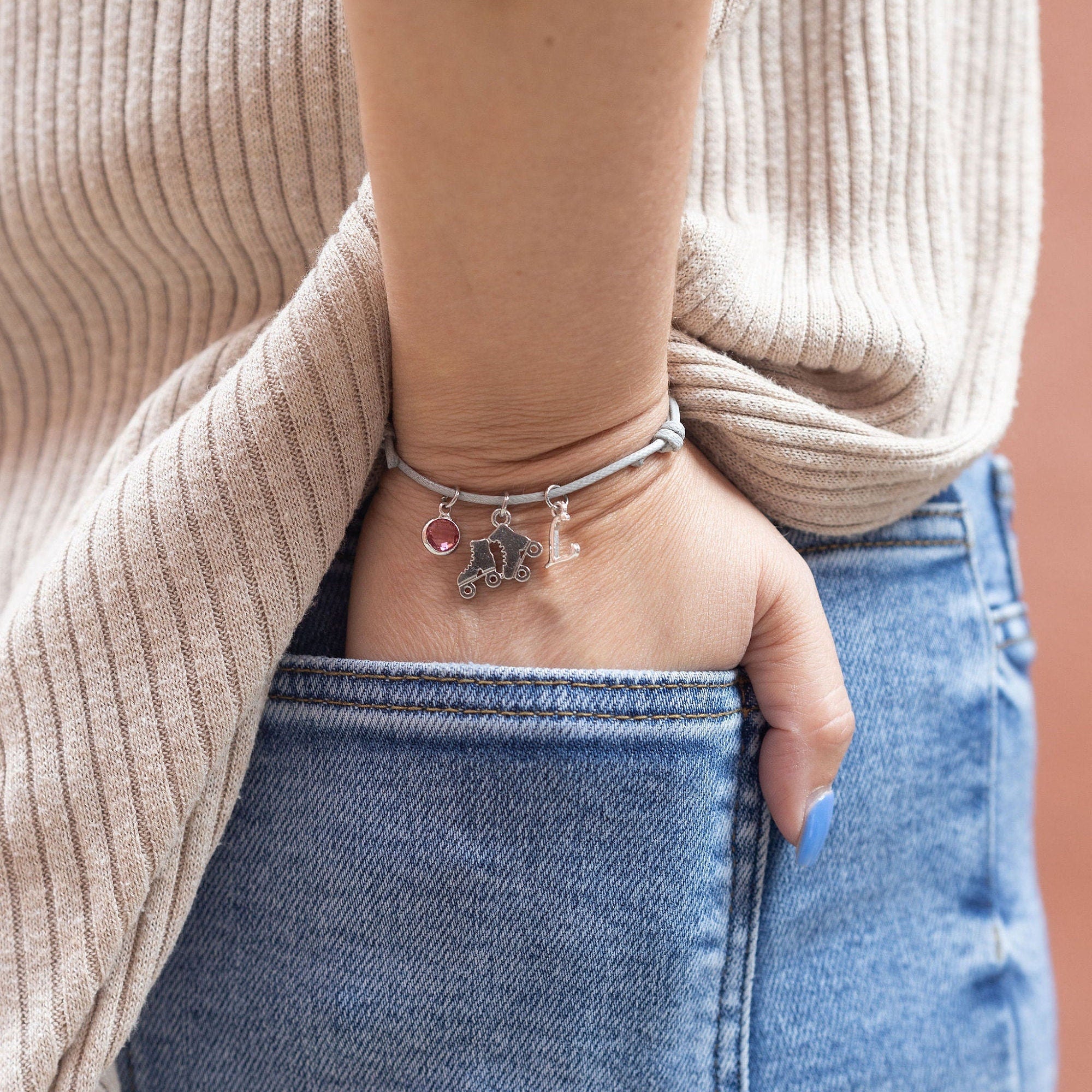 Roller skate bracelet, waxed cord adjustable, personalised gifts, skating jewellery, roller derby present, custom skater birthday