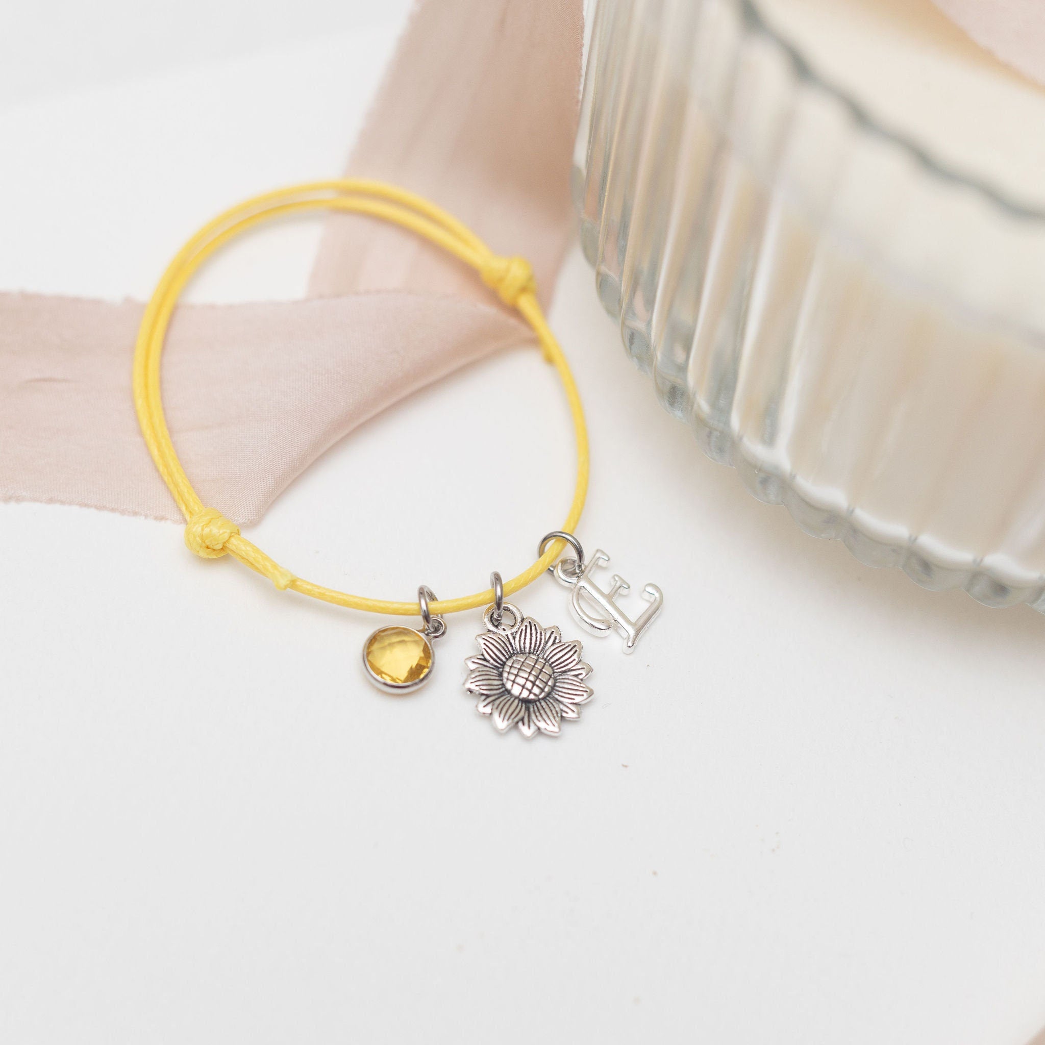 Personalised Sunflower Charm Bracelet: Waxed Cord, Initial & Birthstone