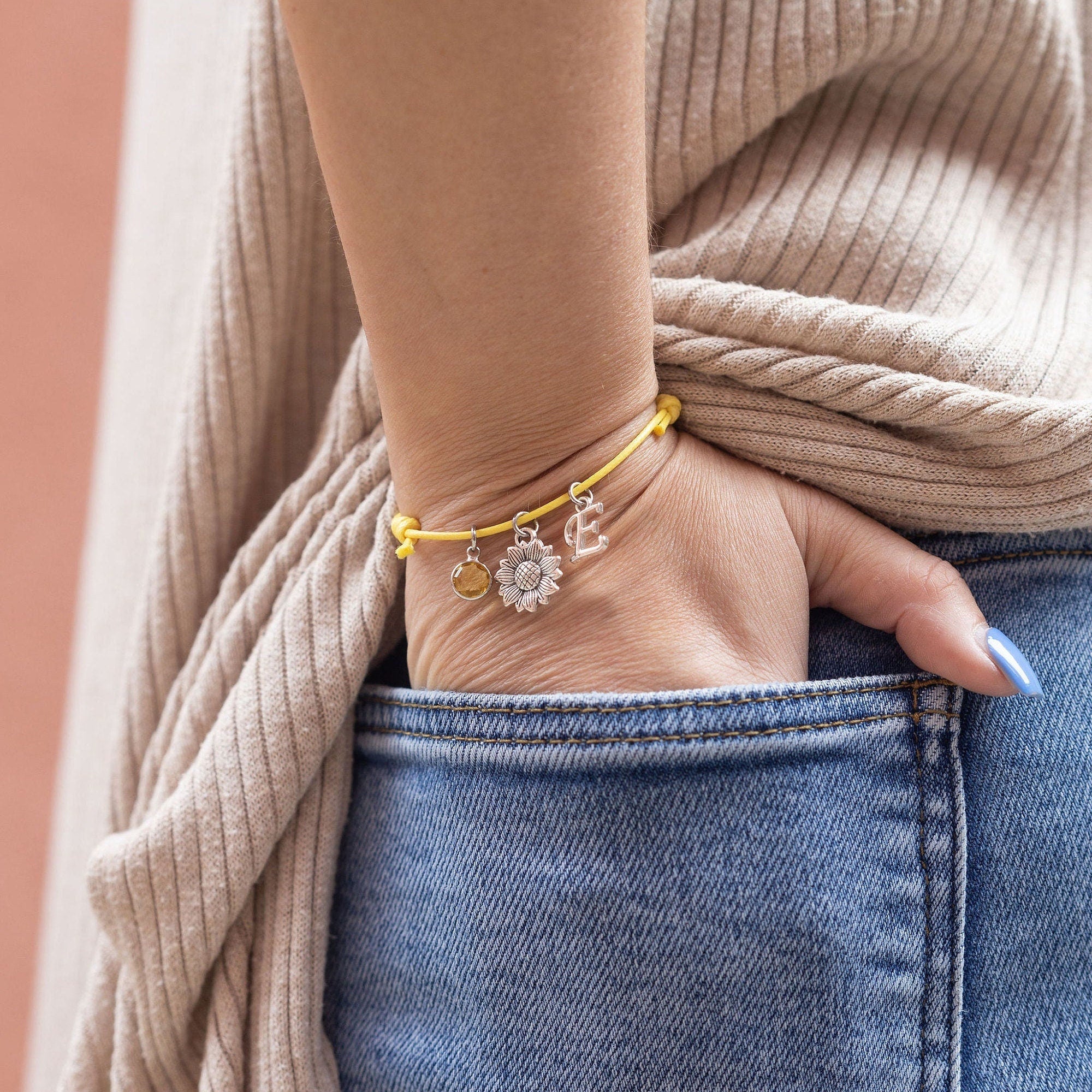 Personalised Sunflower Charm Bracelet: Waxed Cord, Initial & Birthstone