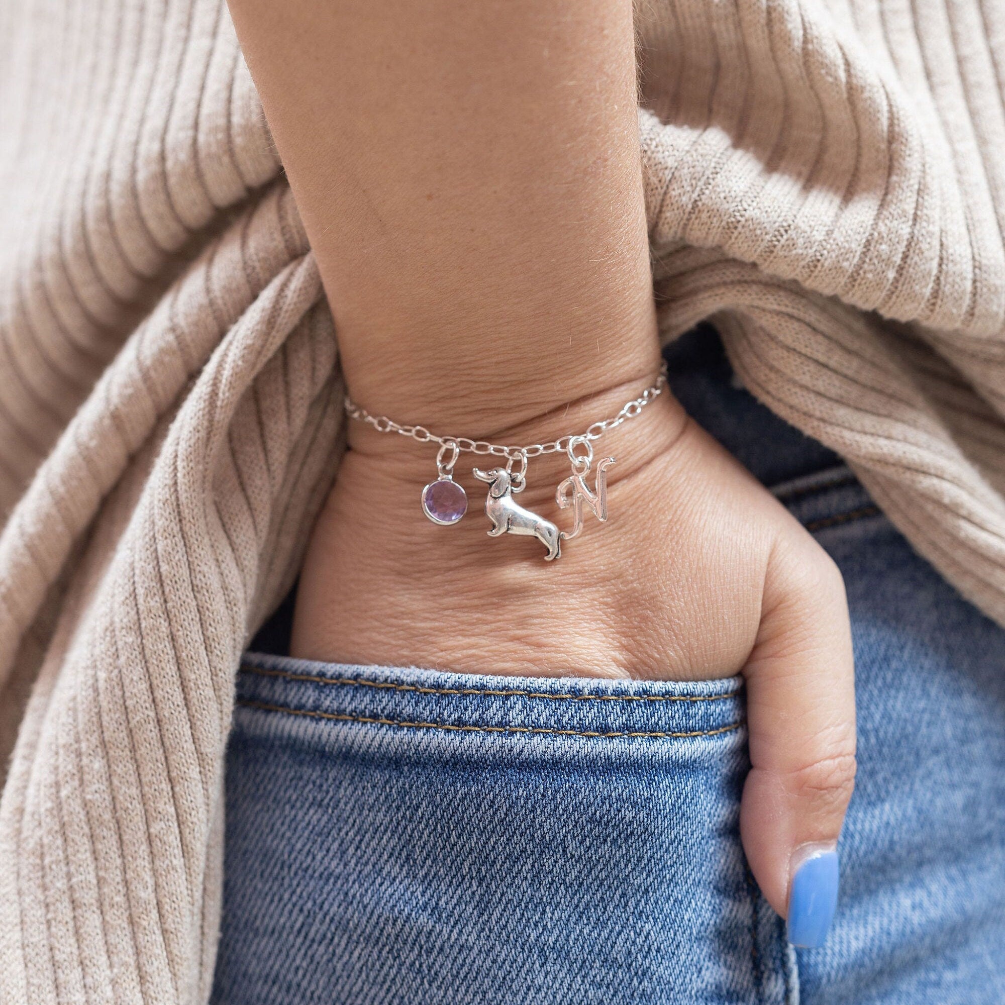 Dachshund dog bracelet, sausage doggie charm bracelet, personalised gifts, animal jewellery, wiener pet loss, new puppy owner, thank you