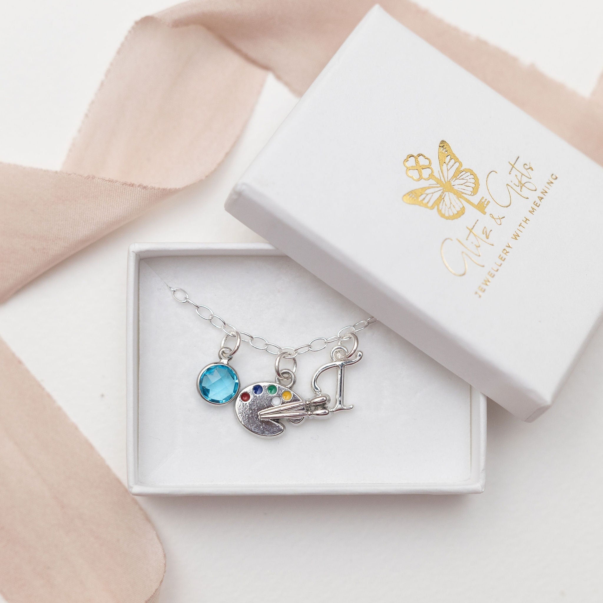 Artist palette bracelet, personalised gifts, pendant artist, art jewellery, paint brush keepsake charm, oval link chain, art teacher present