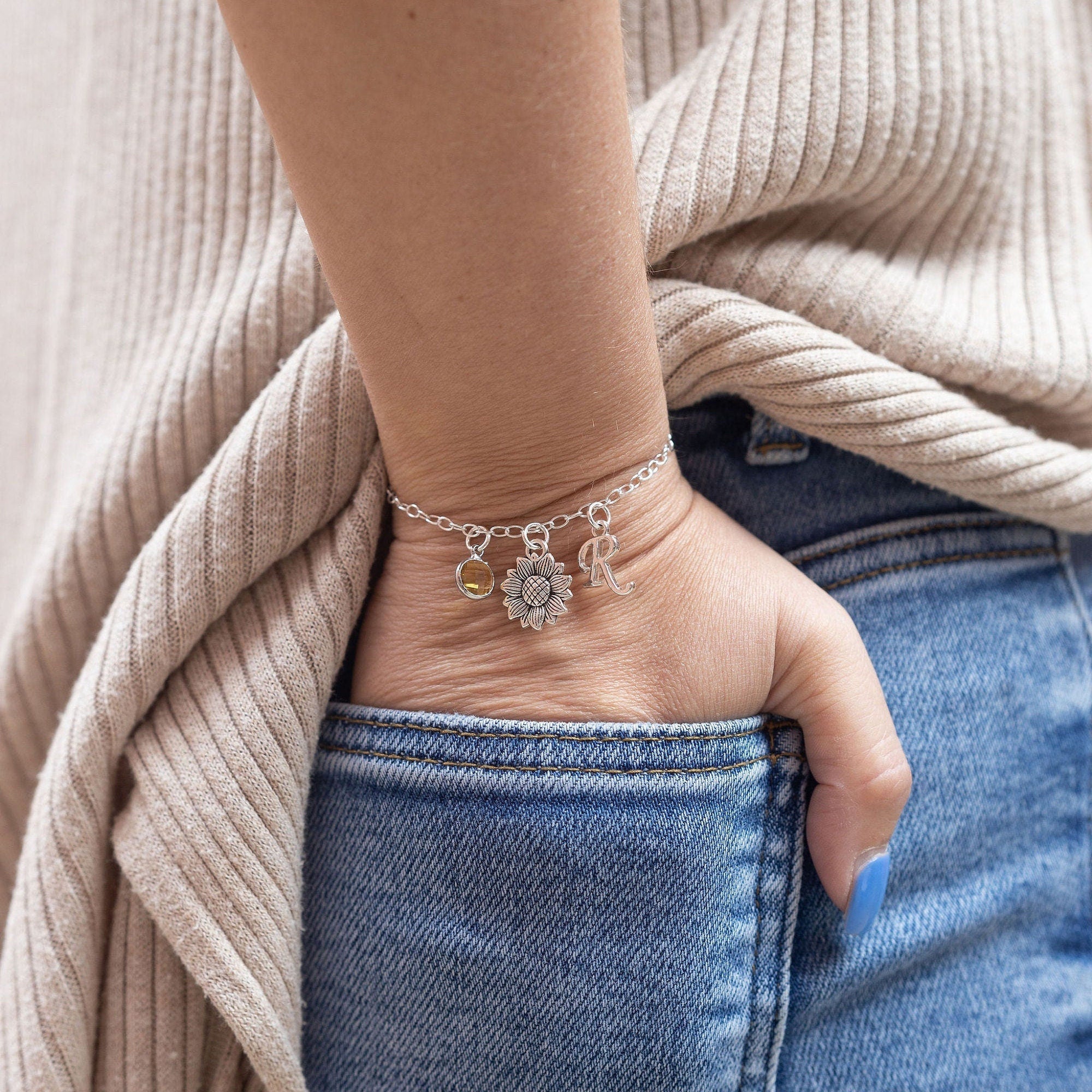 Sunflower bracelet, personalised gifts, flower jewellery, gift for gardener, friendship keepsake, floral charm accessory, birthstone initial