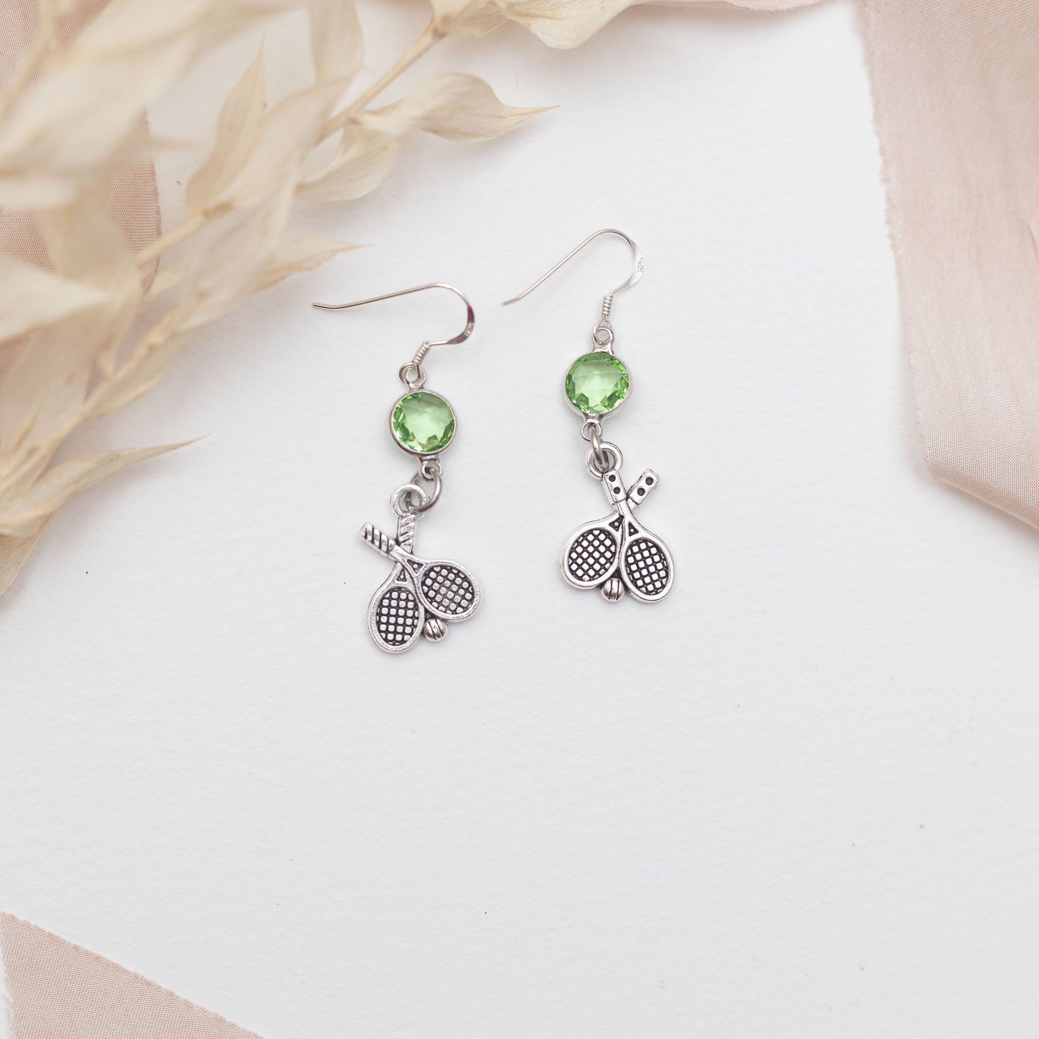 Tennis racket earrings, birthstone jewellery, personalised gifts, tennis theme gifts, sports gifts, coach teacher thank you, Wimbledon theme