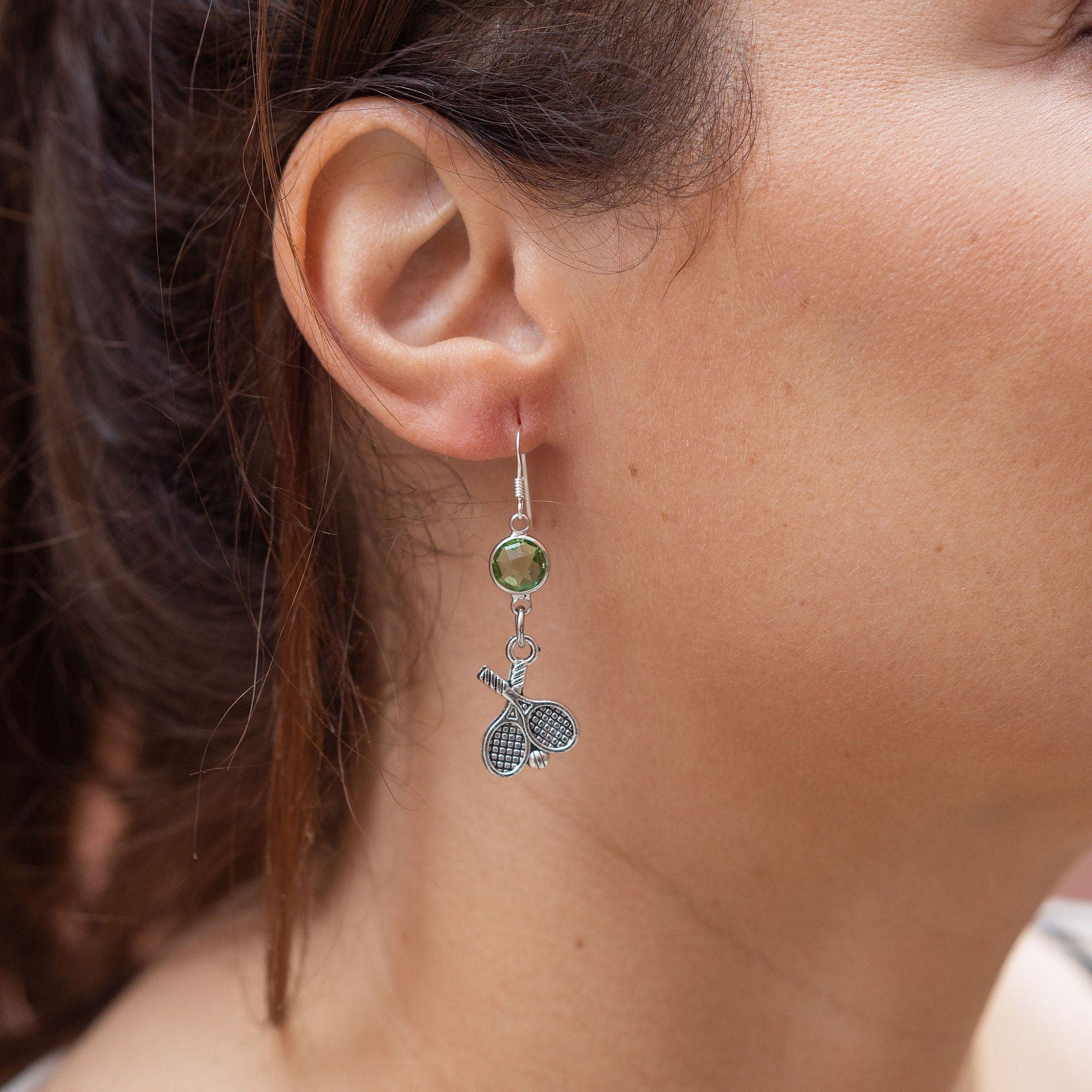 Tennis racket earrings, birthstone jewellery, personalised gifts, tennis theme gifts, sports gifts, coach teacher thank you, Wimbledon theme