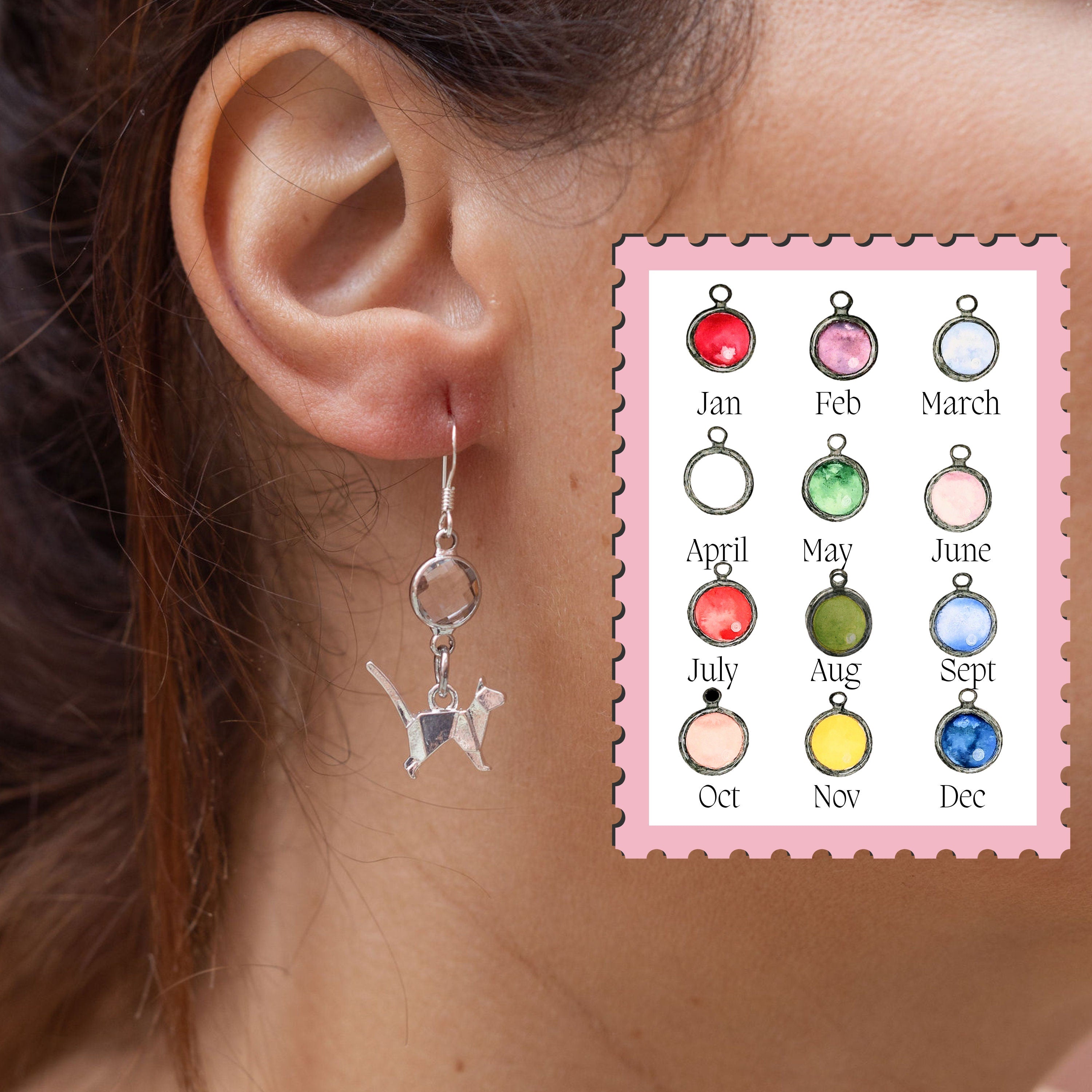 Cat earrings, birthstone jewellery, personalised gifts, birthday jewellery, animal theme gifts, new kitten owner, pet loss memorial
