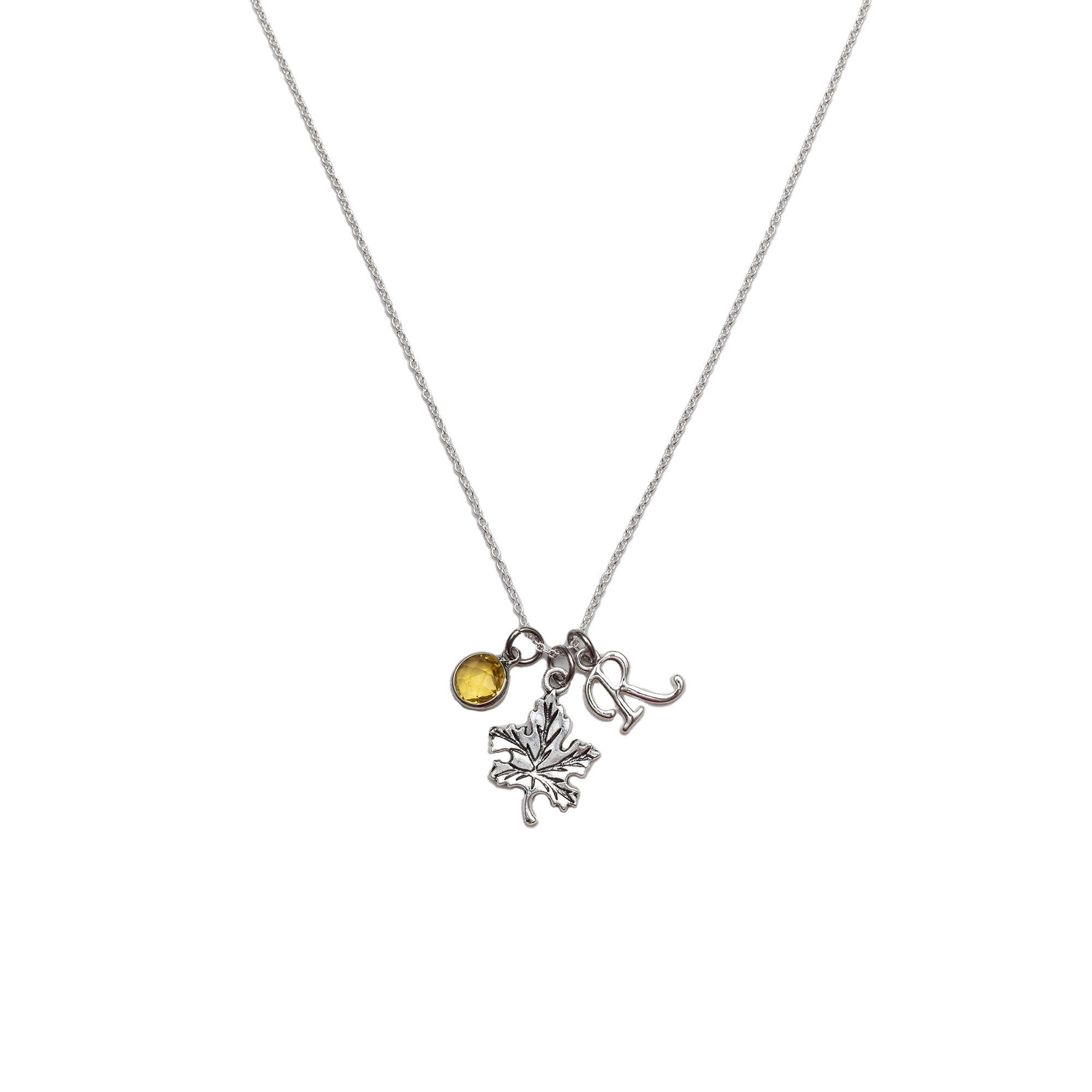 Maple leaf necklace, personalised gifts, birthstone initial jewellery, Autumn leaves, custom fall gifts, woodland walks, Candian gifts