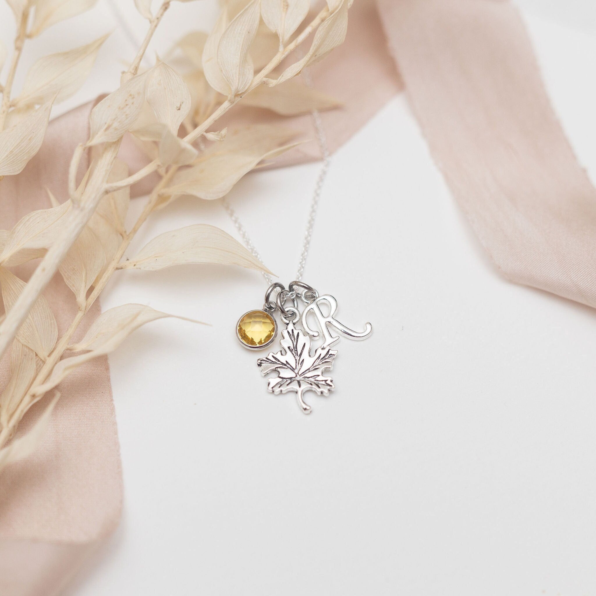 Maple leaf necklace, personalised gifts, birthstone initial jewellery, Autumn leaves, custom fall gifts, woodland walks, Candian gifts