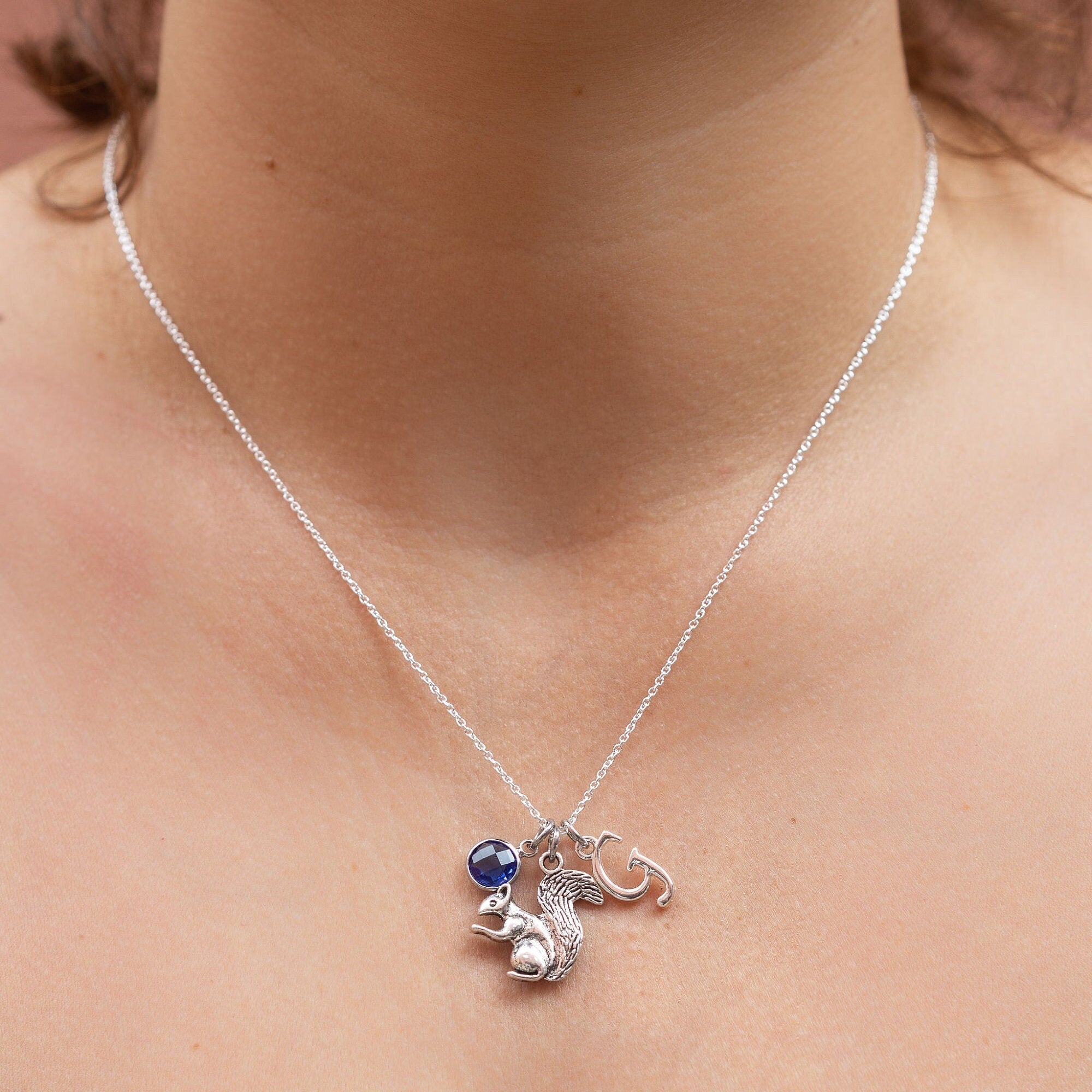 Squirrel necklace, personalised gifts, birthstone initial jewellery, Autumn animals, custom fall gifts, woodland walks, acorn gifts