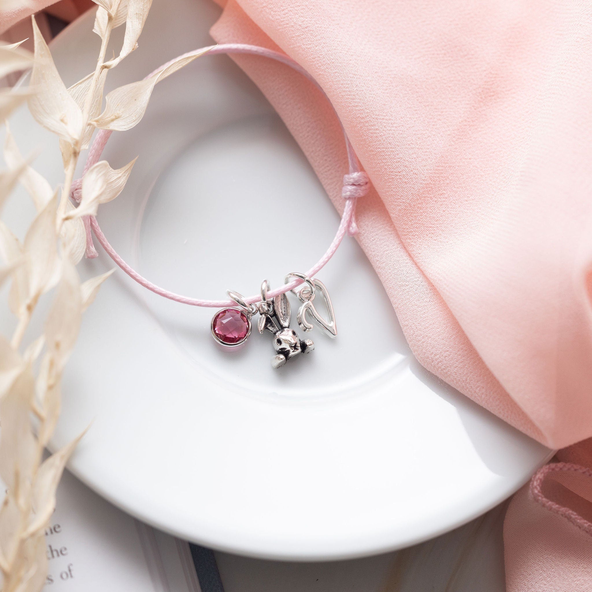 Bunny rabbit bracelet, waxed cord adjustable bracelet, birthstone initial, personalised gifts, animal jewellery, Easter basket filler