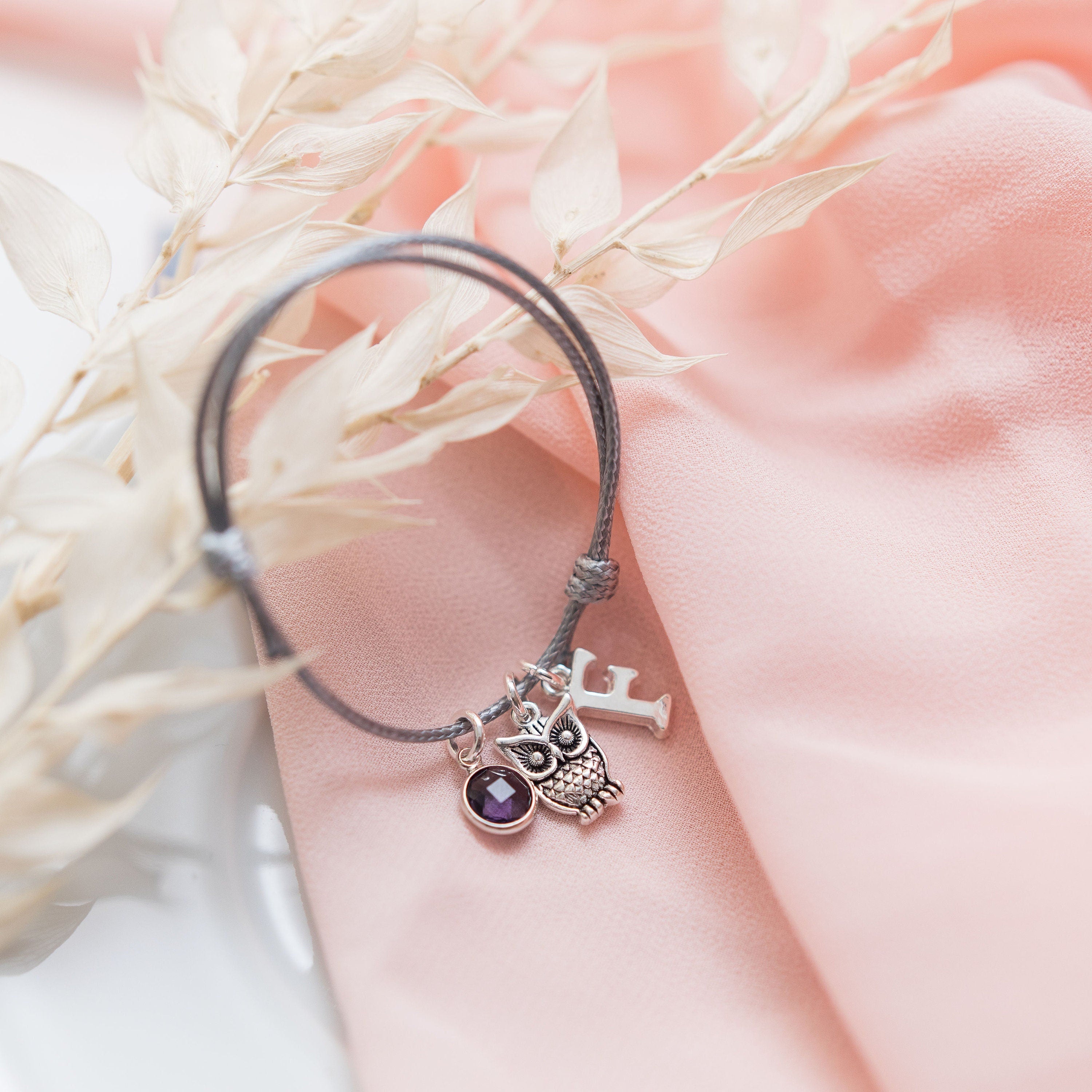 Owl charm bracelet, colourful wax cord adjustable, book lovers gift, personalised gifts, birthstone initial jewellery, wizard accessories