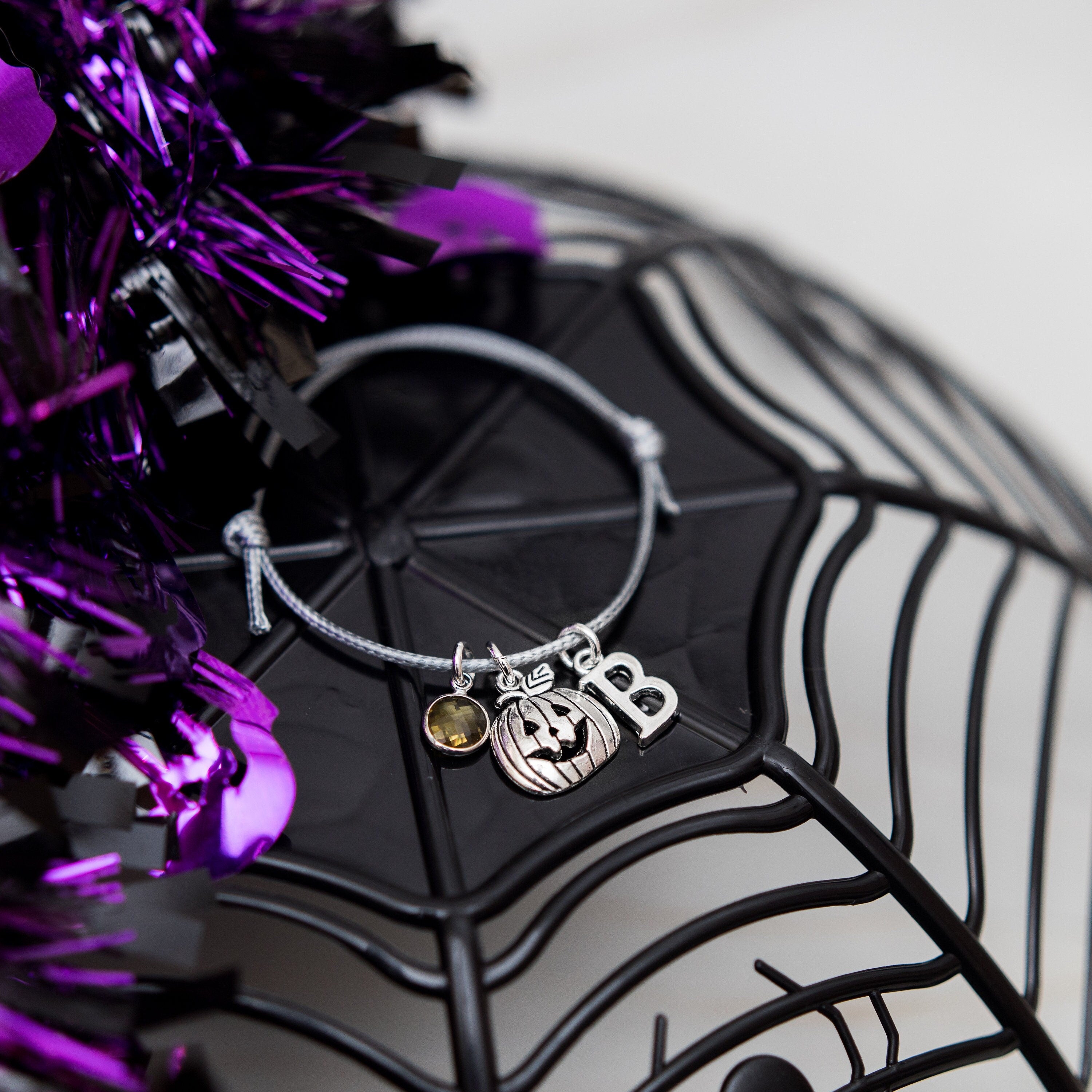 Pumpkin bracelet, adjustable waxed cord, personalised Halloween gifts, birthstone letter charms, jack o' lantern pendant, trick or treat