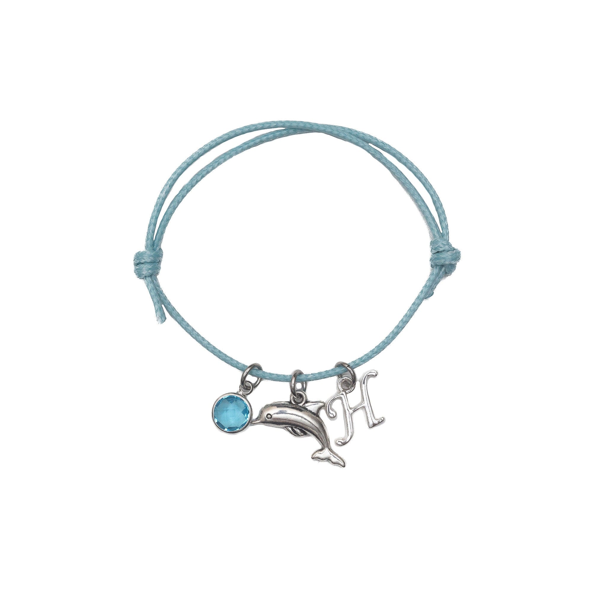 Dolphin Charm Bracelet: Personalised Birthstone Initial, Adjustable Cord