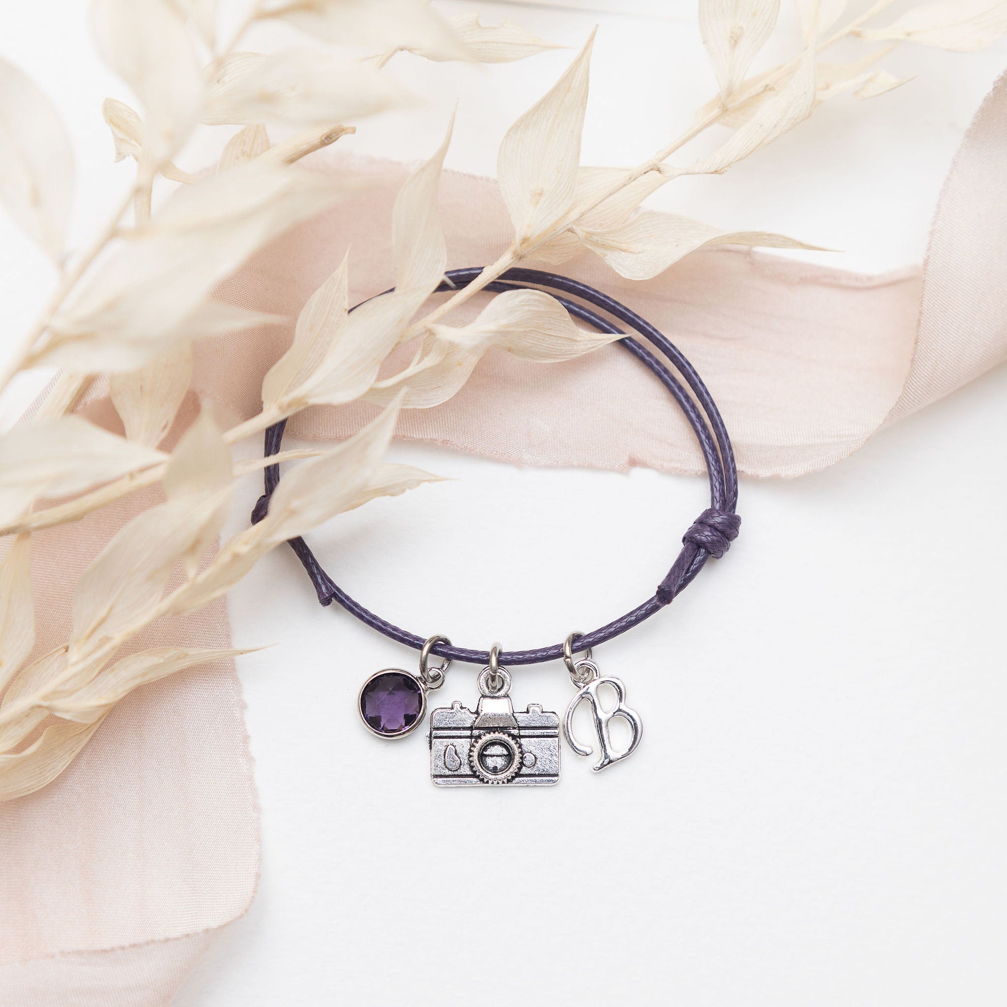 Camera bracelet, waxed cord adjustable, personalised gifts, photography jewellery, custom gift for photographer, birthstone initial letter