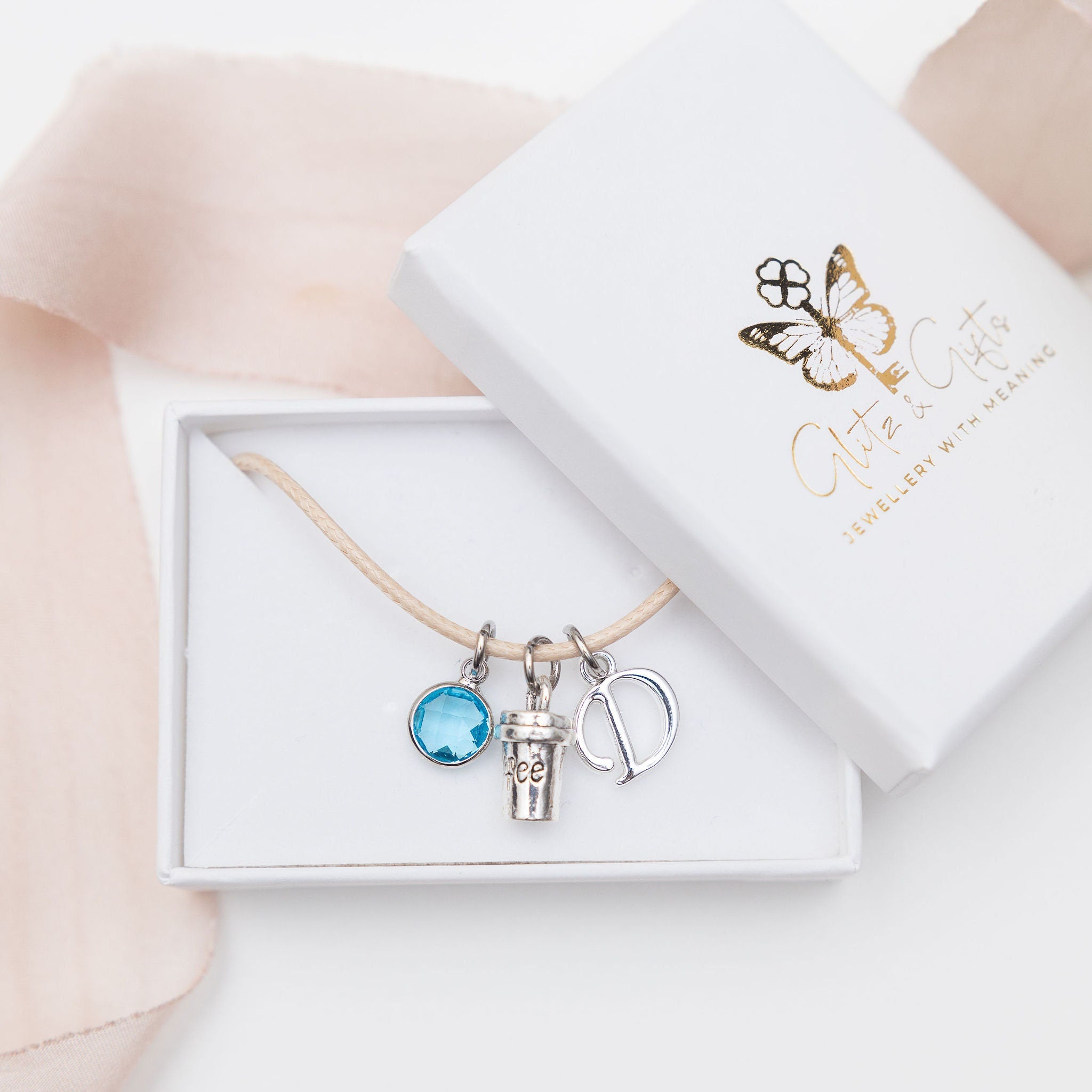 Personalised Coffee Charm Bracelet: Birthstone Initial, Adjustable Cord