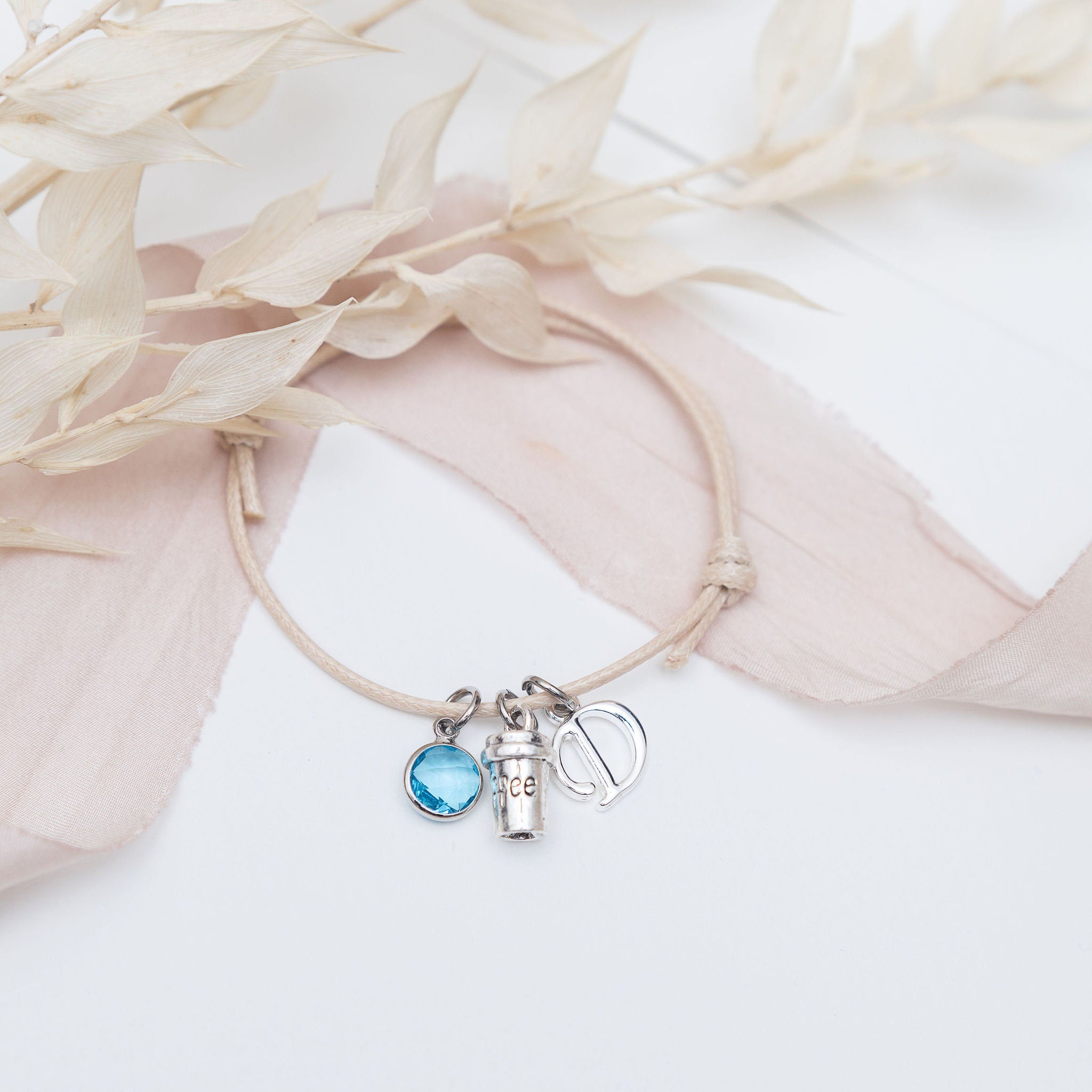 Coffee bracelet, waxed cord adjustable, personalised gifts, cappuccino cup jewellery, custom gift for barista, birthstone initial letter