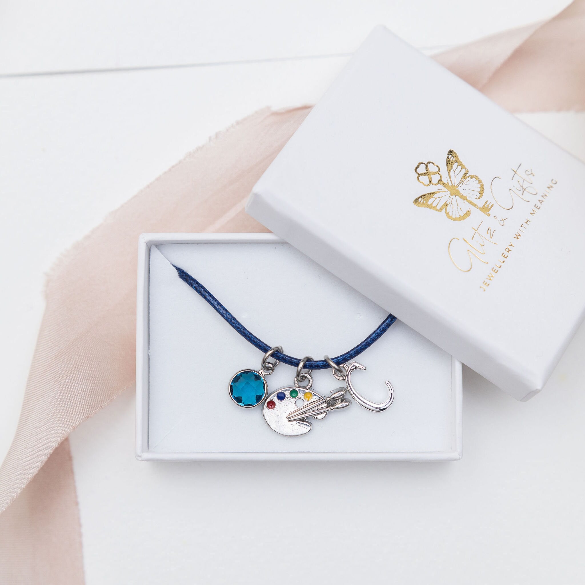 Paint palette charm bracelet, artist easel gifts, adjustable wax cord, personalised gifts, birthstone initial jewellery, art lovers