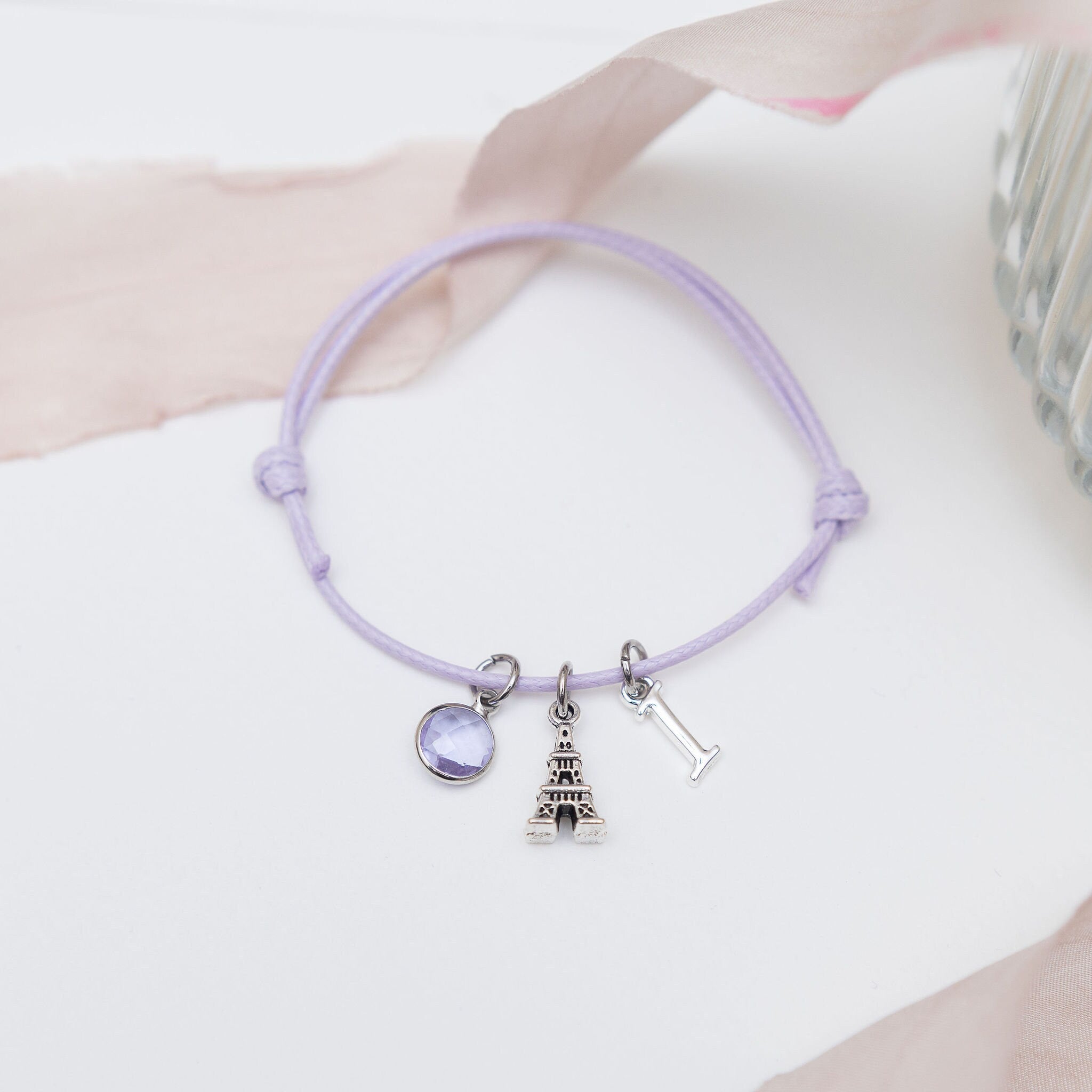 Paris Eiffel Tower bracelet, waxed cord adjustable, personalised gifts, Parisian jewellery, custom for her birthstone letter, French theme