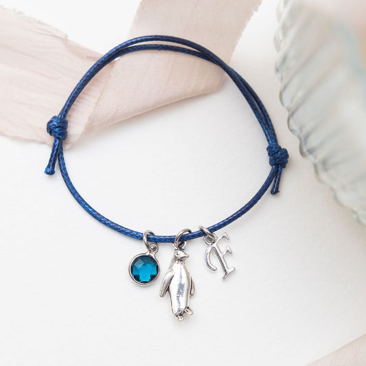 Penguin bracelet, waxed cord adjustable, personalised gifts, animal jewellery, Antarctic gift, sea bird present, birthstone birthday