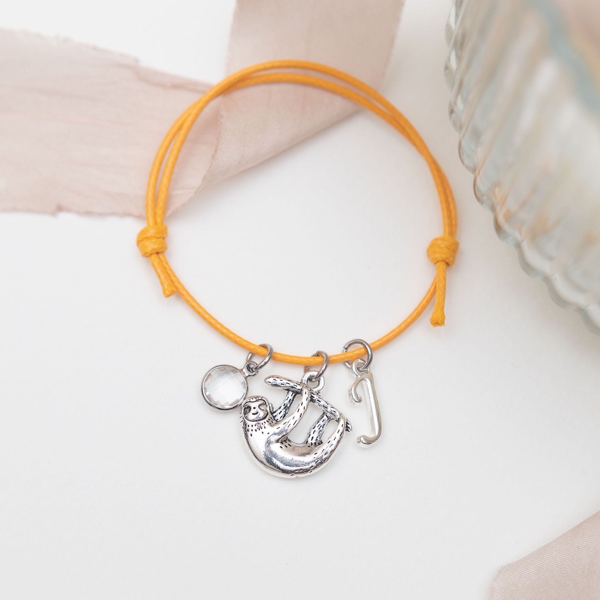 Sloth bracelet, waxed cord adjustable, personalised gifts, sloth jewellery, jungle animal gift, birthstone birthday, slow down