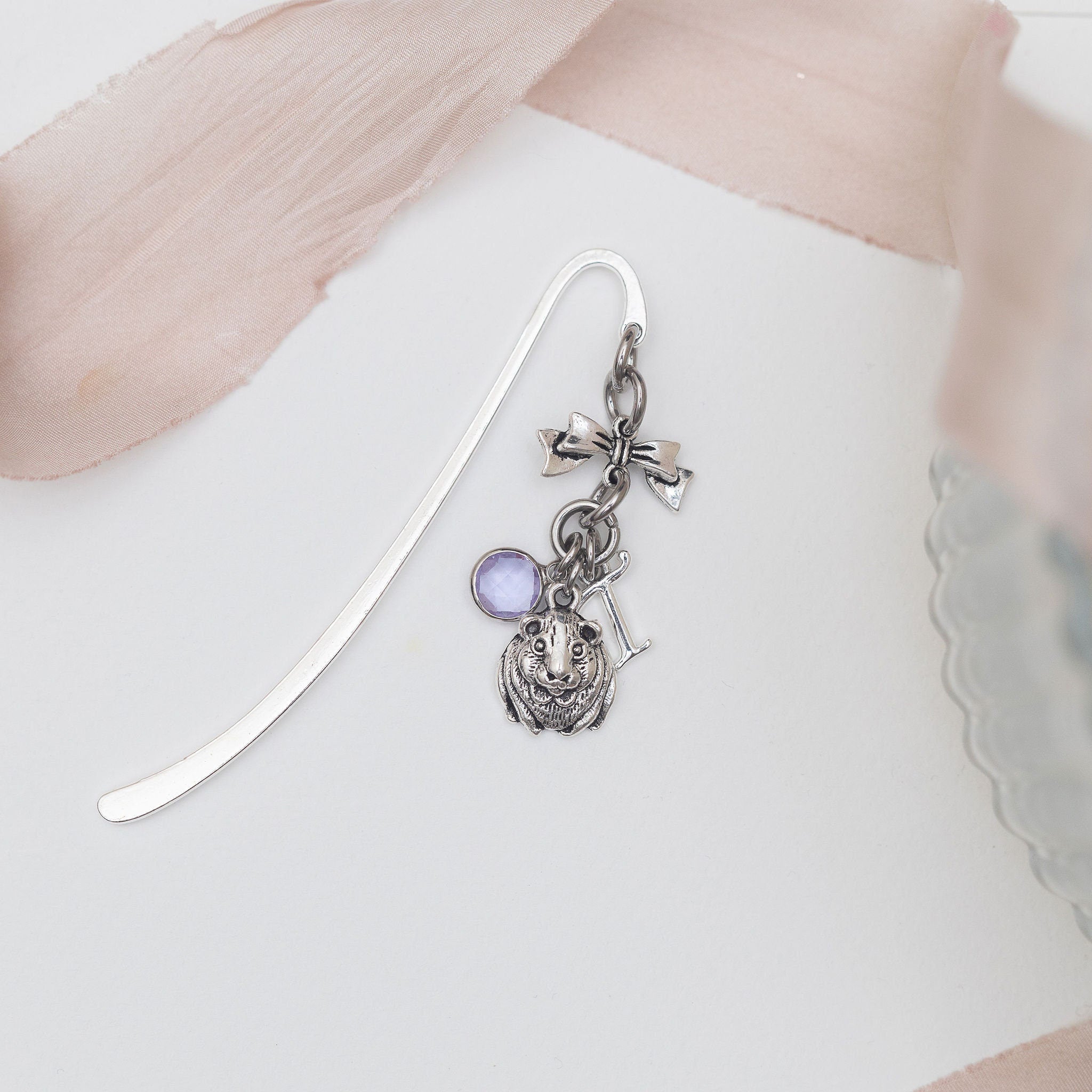 Guinea pig bookmark, personalised gifts, birthstone and initial, metal charm page marker, animal fans accessory, custom pet rodent present