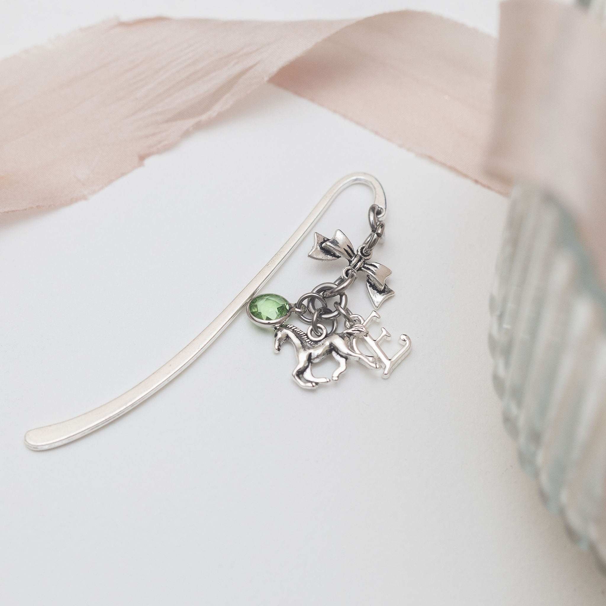 Horse bookmark, personalised gifts, birthstone and initial, metal charm page marker, equestrian rider, new pony owner, pet loss keepsake