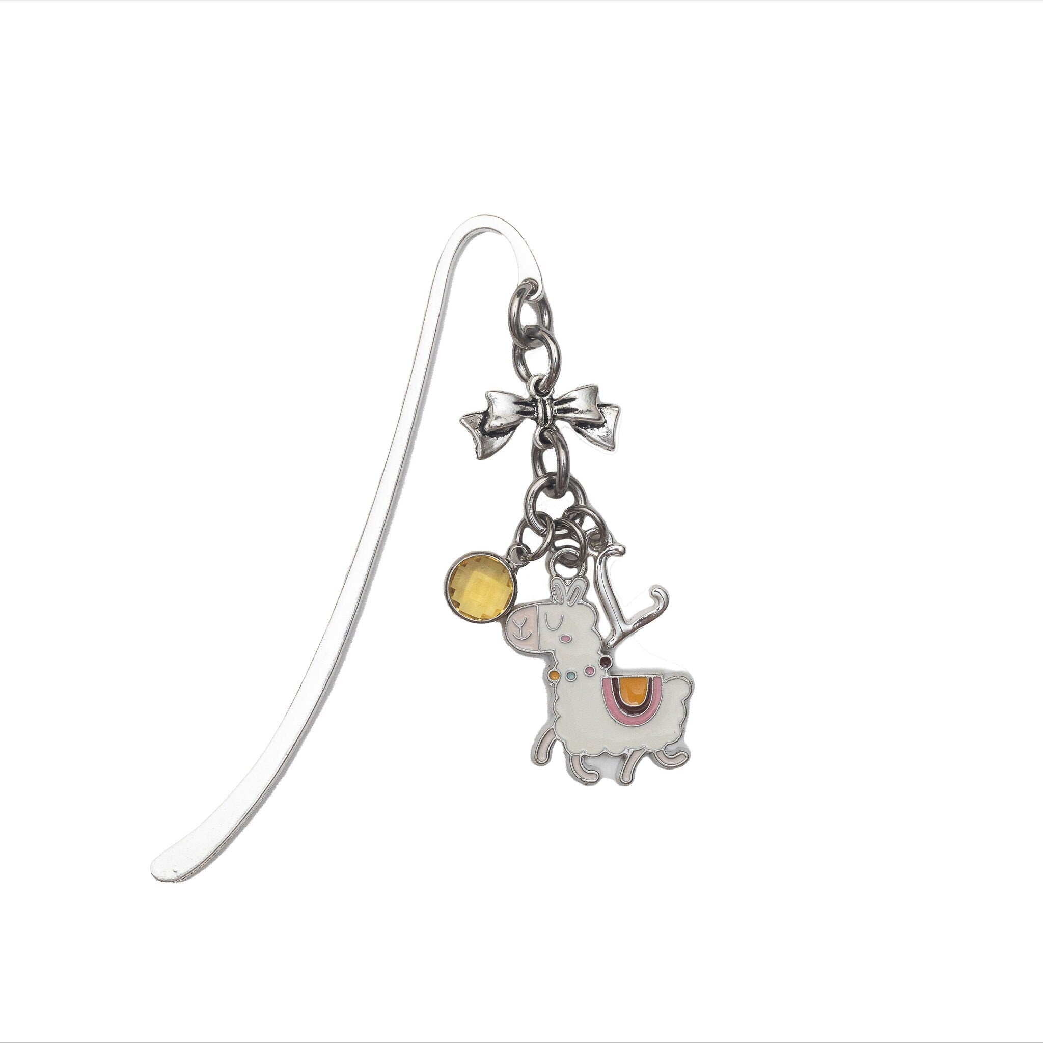 Personalised Llama Bookmark: Enamel Alpaca Charm, Birthstone Initial