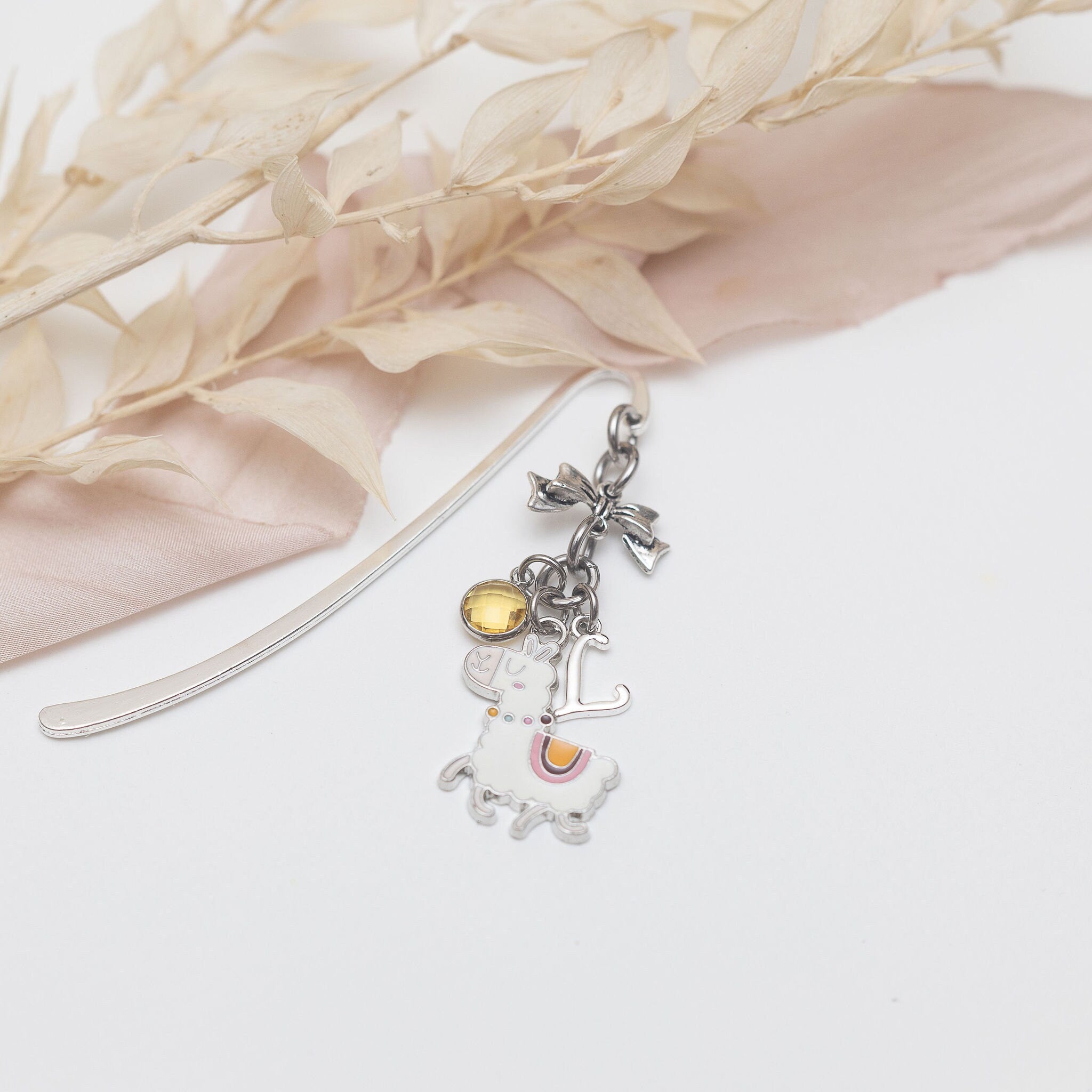 Personalised Llama Bookmark: Enamel Alpaca Charm, Birthstone Initial